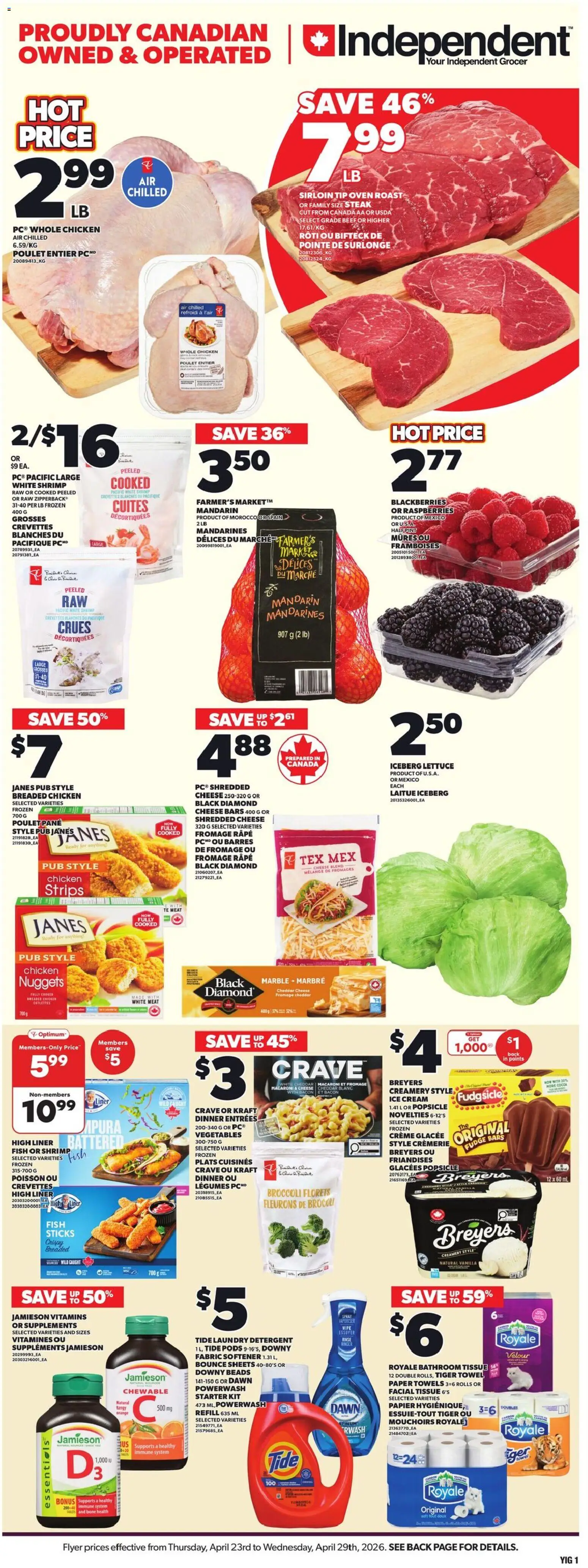 Independent Grocer flyer valid from 23.04.2026 | Page: 3 | Products: Beef, Cream, Fabric softener, Detergent