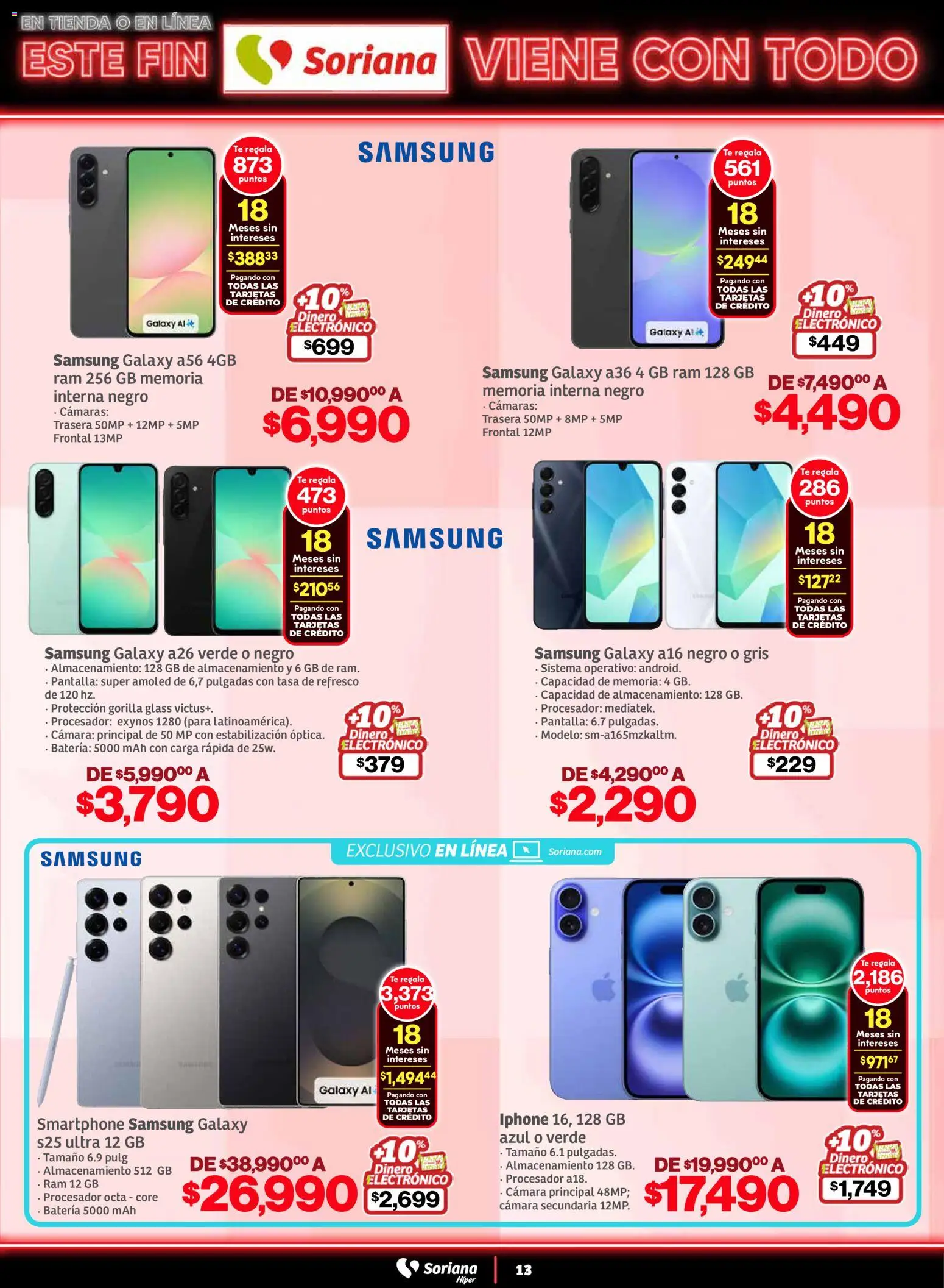 Nuevas ofertas de Soriana válidas en toda la República Mexicana desde el 05.11.2025. ¡Encuentra las mejores ofertas en Soriana - Este fin Soriana viene con todo Súper Nacional! | Página: 13 | Productos: Refresco, Té, Batería, Smartphone