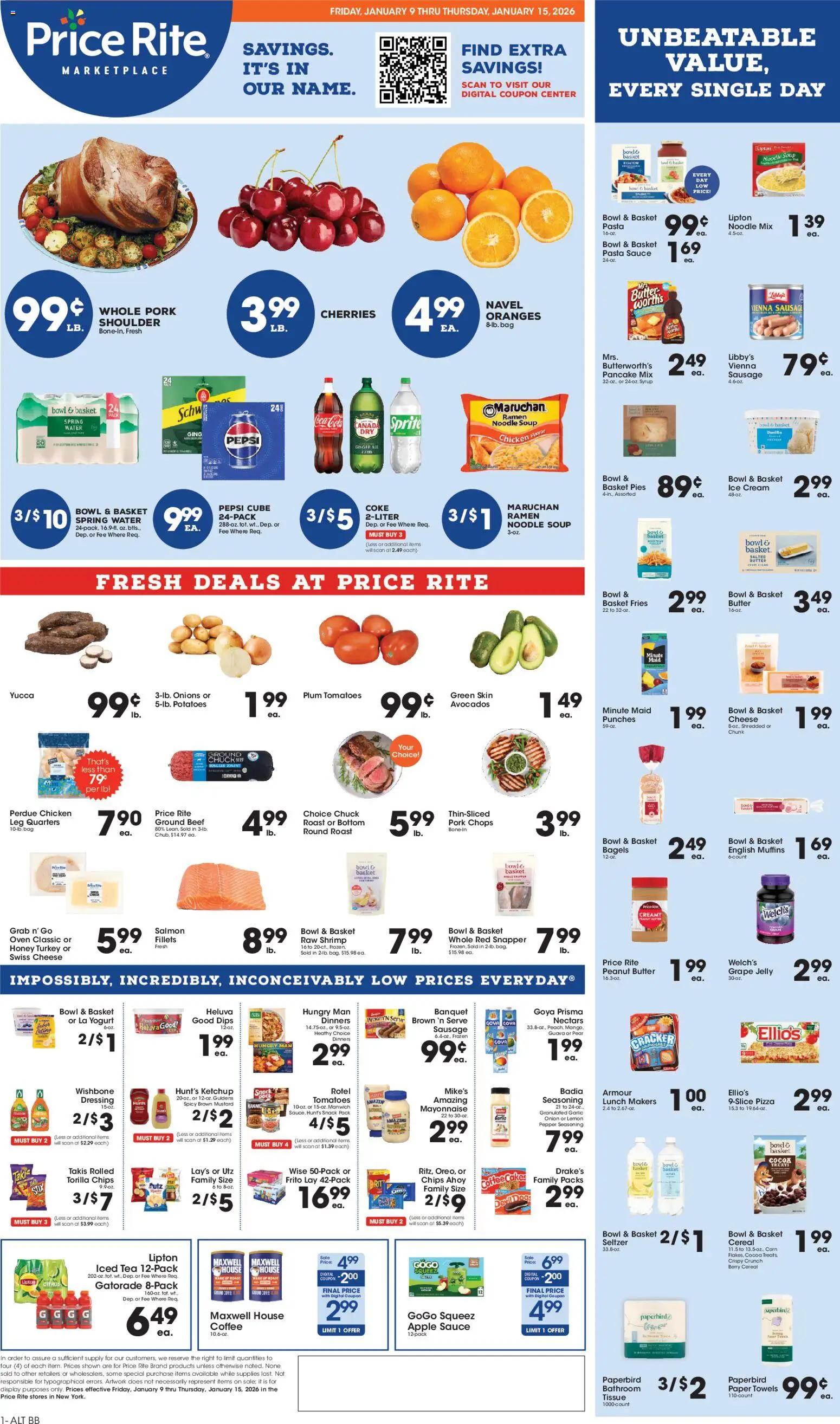 Price Rite Weekly Ad - valid from 09.01.2026 | Page: 1 | Products: Basket, Coffee, Mayonnaise, Pear