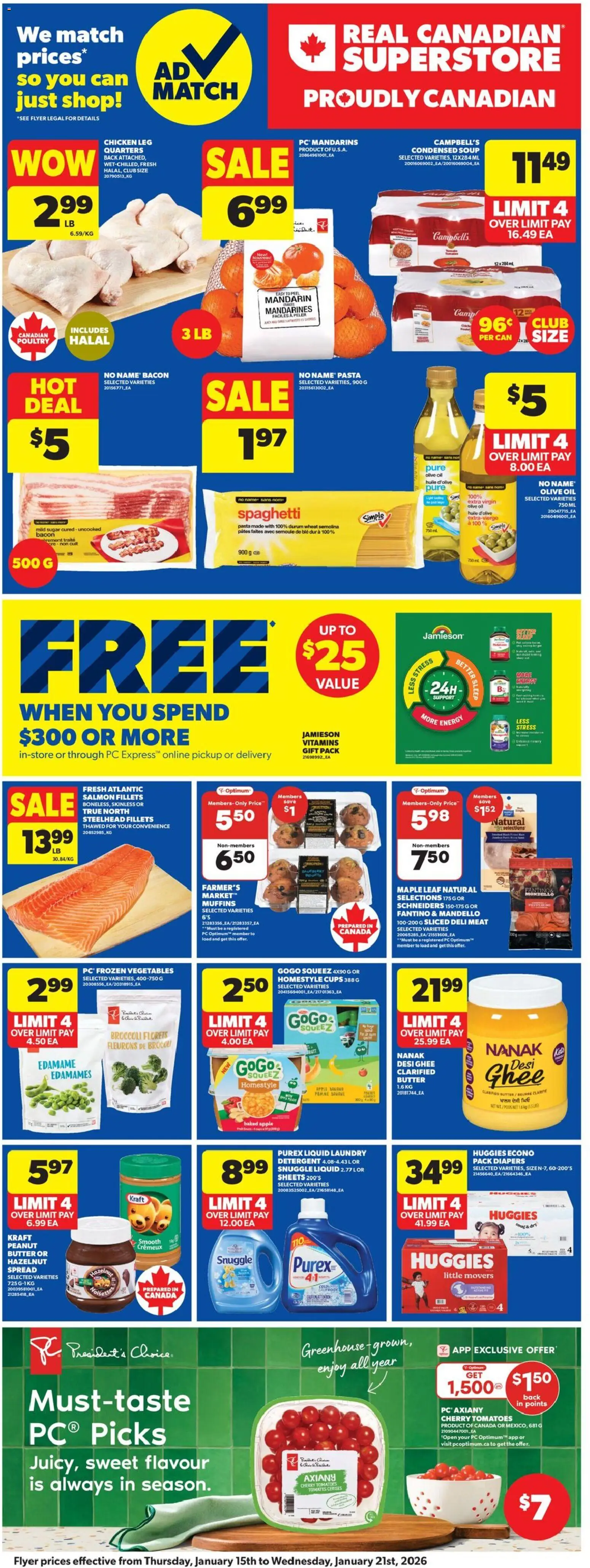 Real Canadian Superstore flyer valid from 15.01.2026 | Page: 4 | Products: PC, Detergent, Butter, Chicken