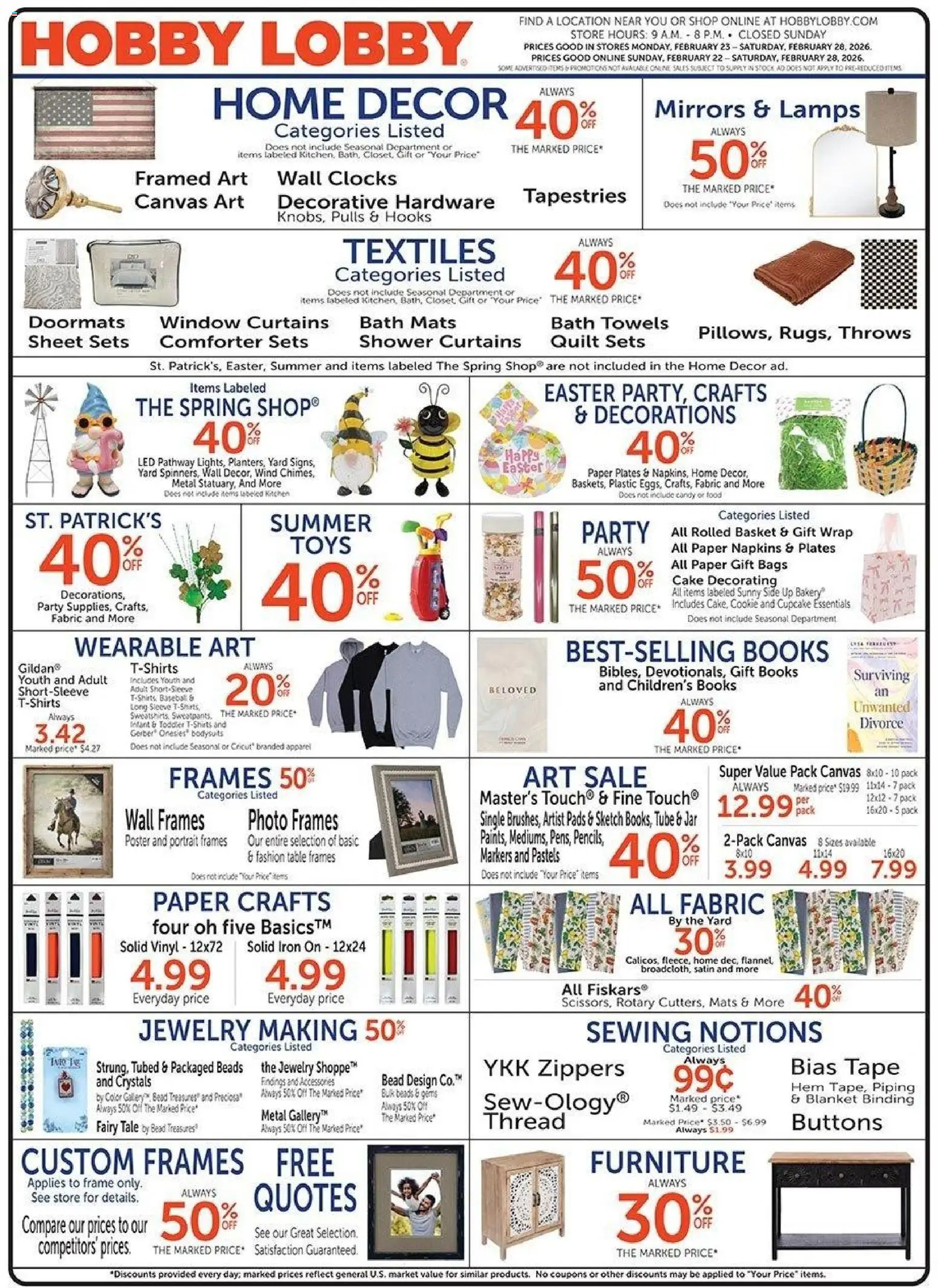 Hobby Lobby Weekly Ad - valid from 22.02.2026 | Page: 1 | Products: Bakery, Canvas, Shower, Quilt