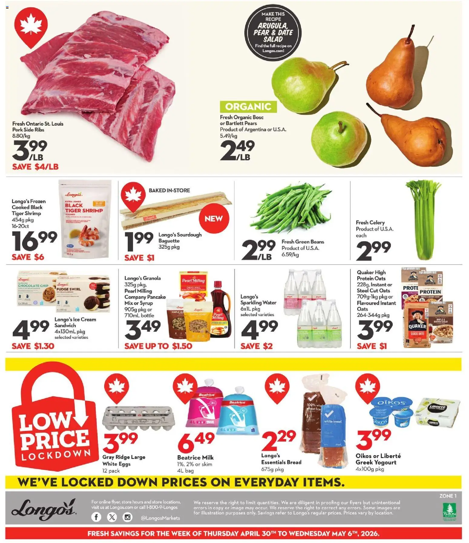 Longo's flyer valid from 30.04.2026 | Page: 3 | Products: Ridge, Milk, Bread, Pork
