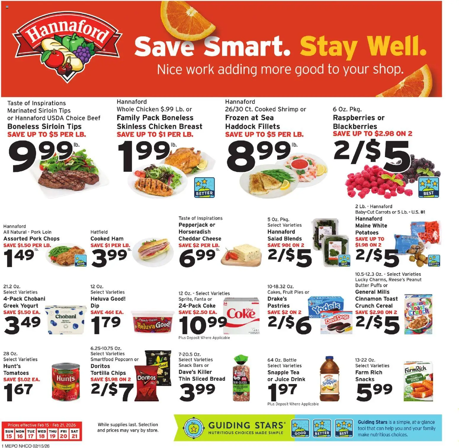 Hannaford Weekly Ad - valid from 15.02.2026 | Page: 1 | Products: Cheese, Bread, Tomatoes, Tea