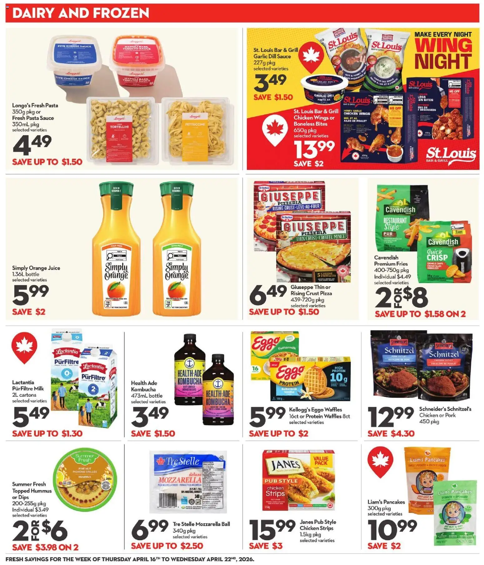 Longo's flyer valid from 16.04.2026 | Page: 13 | Products: Pasta, Chicken wings, Milk, Pork