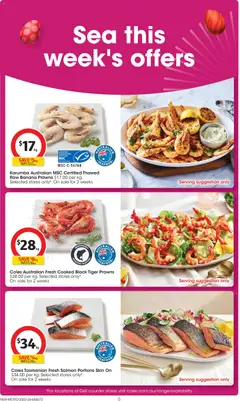 Preview of Coles catalogue  - valid from 25.03.2026 | Page: 5 | Products: Prawns, Salmon, Sustainable, Seafood