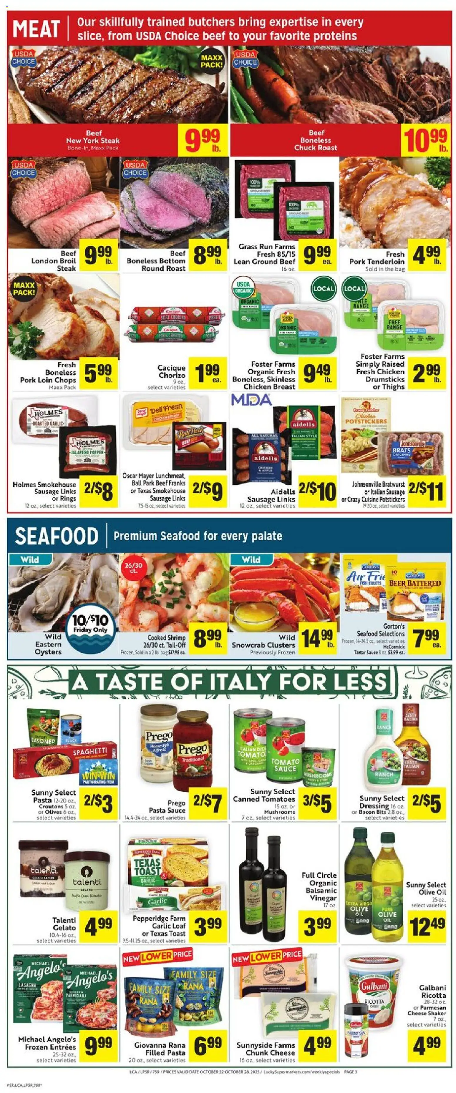 Lucky Supermarkets Weekly Ad - valid from 22.10.2025 | Page: 3 | Products: Mushrooms, Oil, Beef, Seafood