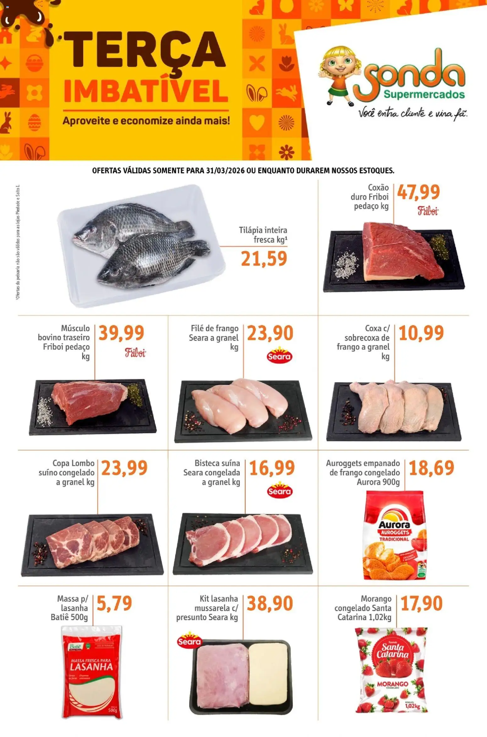 Sonda Folheto - válido de 31.03.2026 | Página: 1 | Produtos: Filé de frango, Copa, Massa, Mussarela