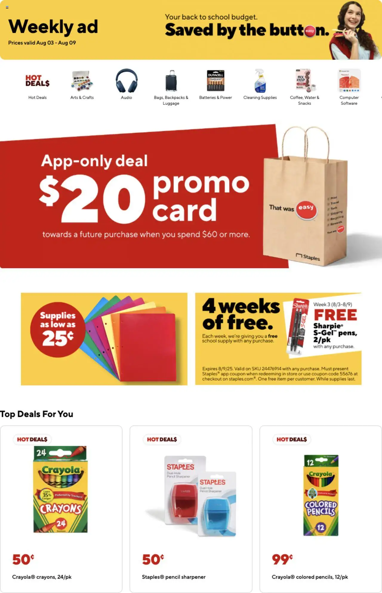 Staples Weekly Ad - valid from 03.08.2025 | Page: 1 | Products: Pencil, Computer, Audio, Pencil sharpener