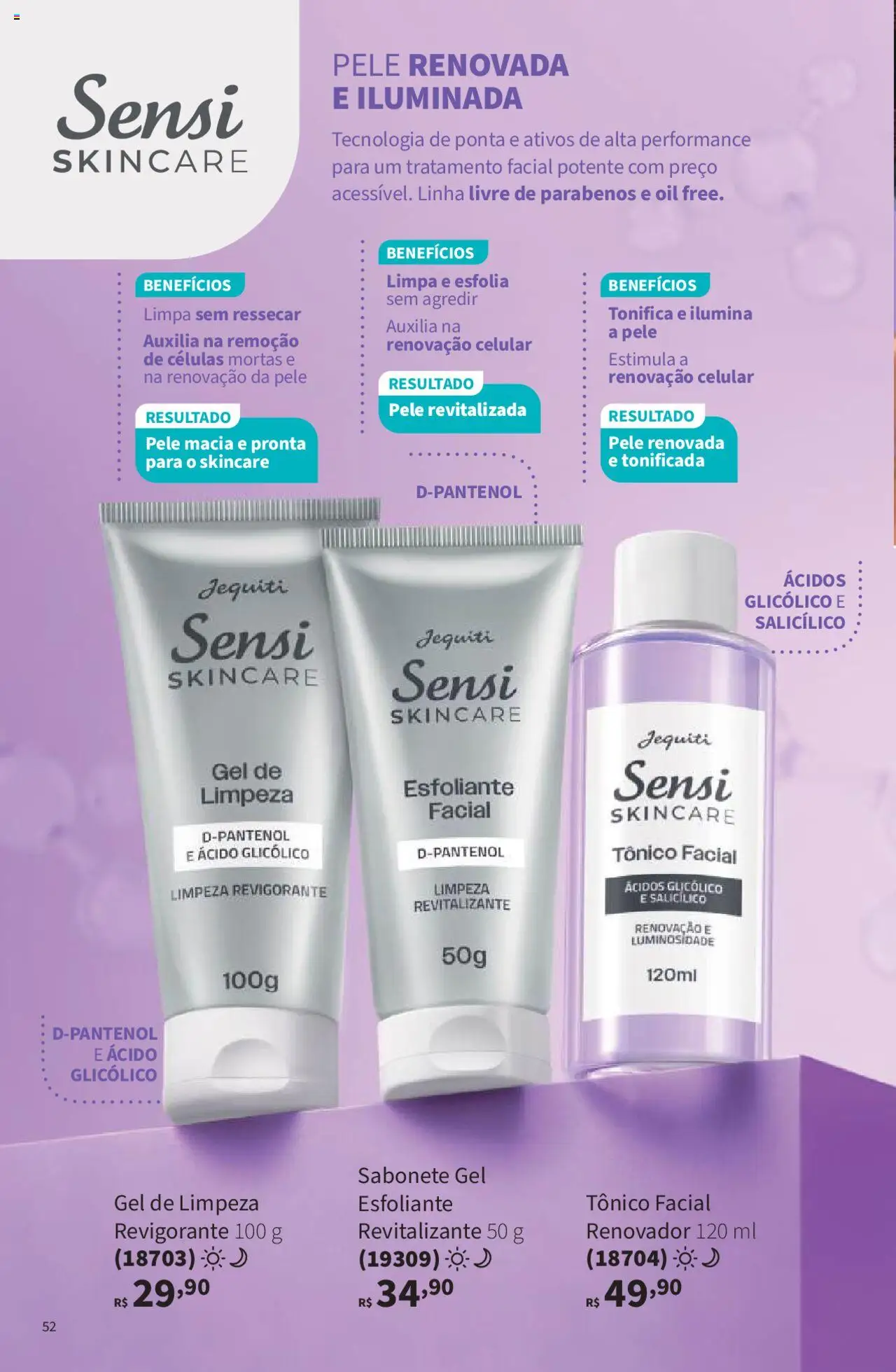 Jequiti Folheto - válido de 22.08.2025 | Página: 52 | Produtos: Tônico, Celular, Gel de limpeza, Sabonete