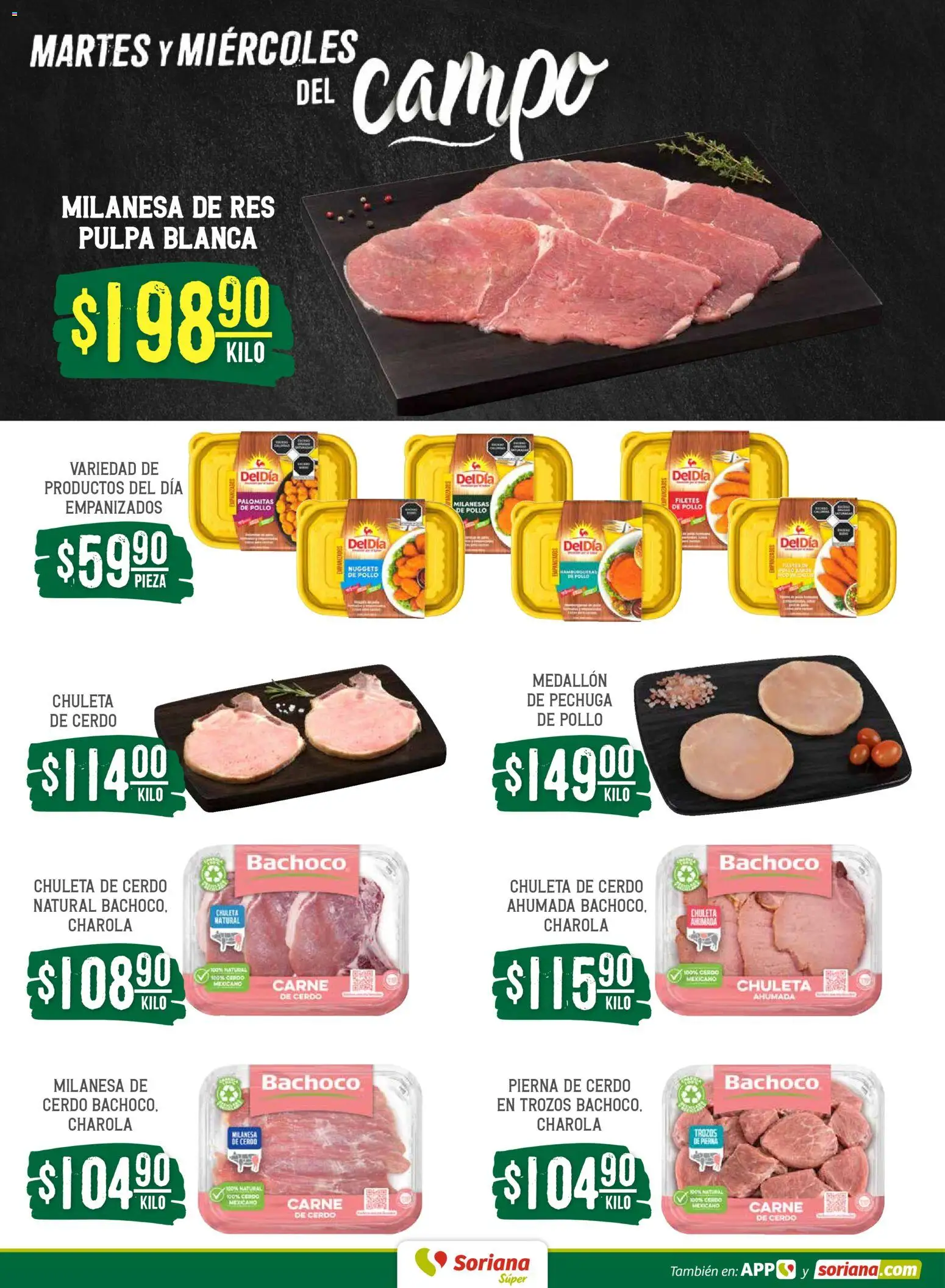 Nuevas ofertas de Soriana válidas en toda la República Mexicana desde el 28.04.2026. ¡Encuentra las mejores ofertas en Soriana Martes y Miércoles del Campo Súper: Ags, Nay, Jal, Qro, Col, Mich, Gto, Hgo, Tlax, Mor, Pue, Gro, Oax, Edo. de Mex, Vall! | Página: 4 | Productos: Pollo, Milanesa, Cerdo, Res