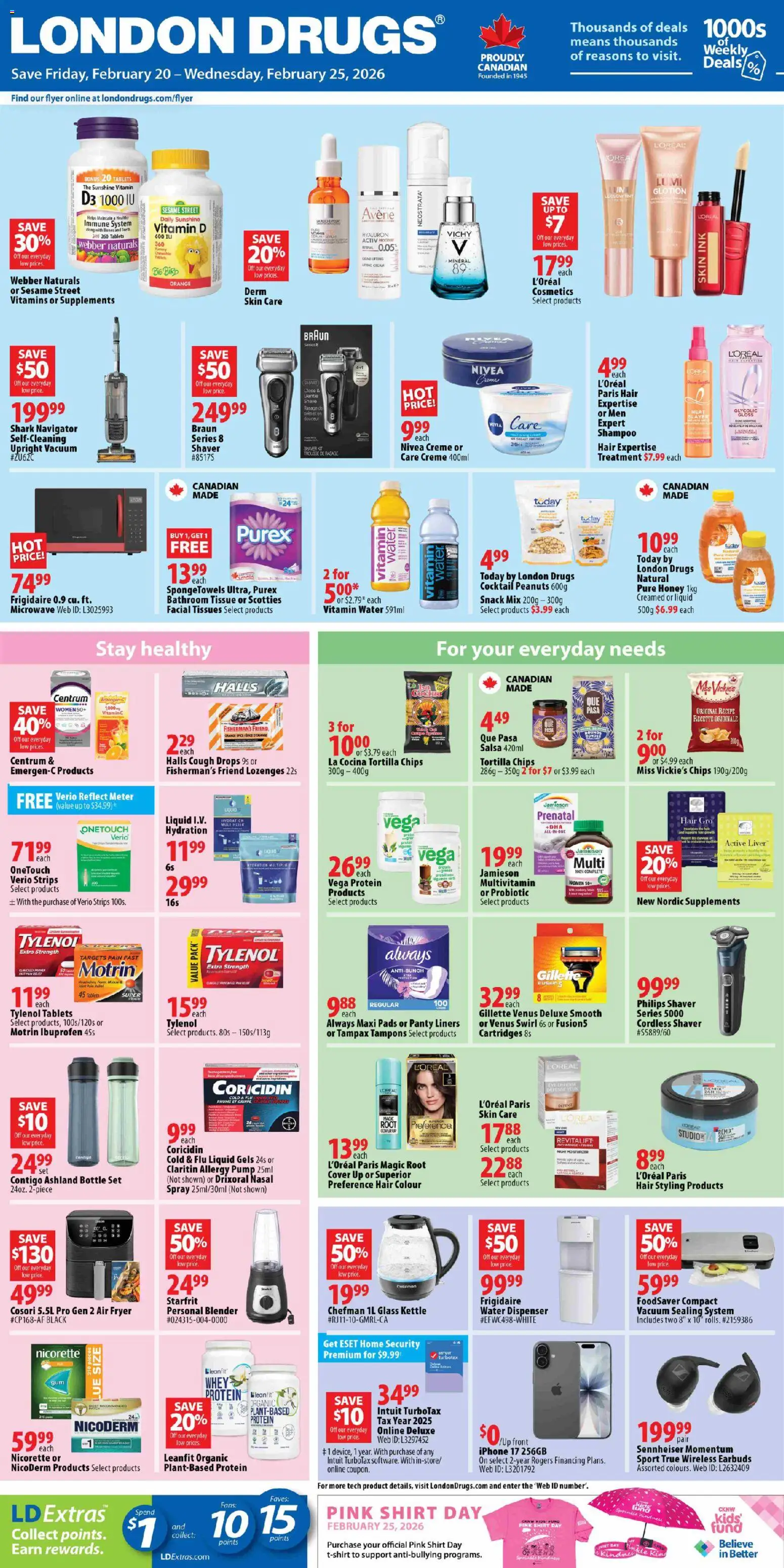London Drugs flyer valid from 20.02.2026 | Page: 1 | Products: Cream, Fryer, Shampoo, Tshirt