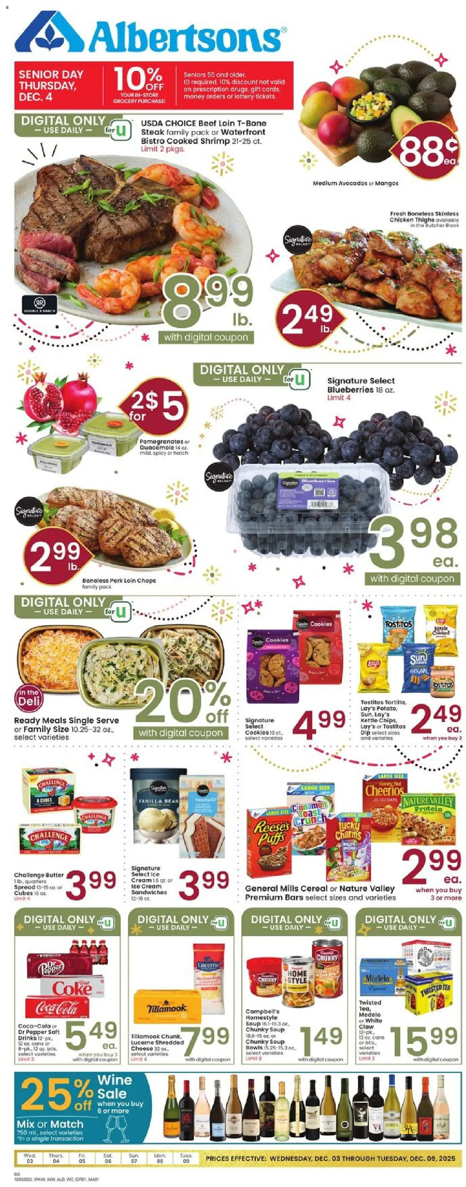 Albertsons Weekly Ad - valid from 03.12.2025 | Page: 1 | Products: Pork, Ice cream, Blueberries, 2人掛けソファ