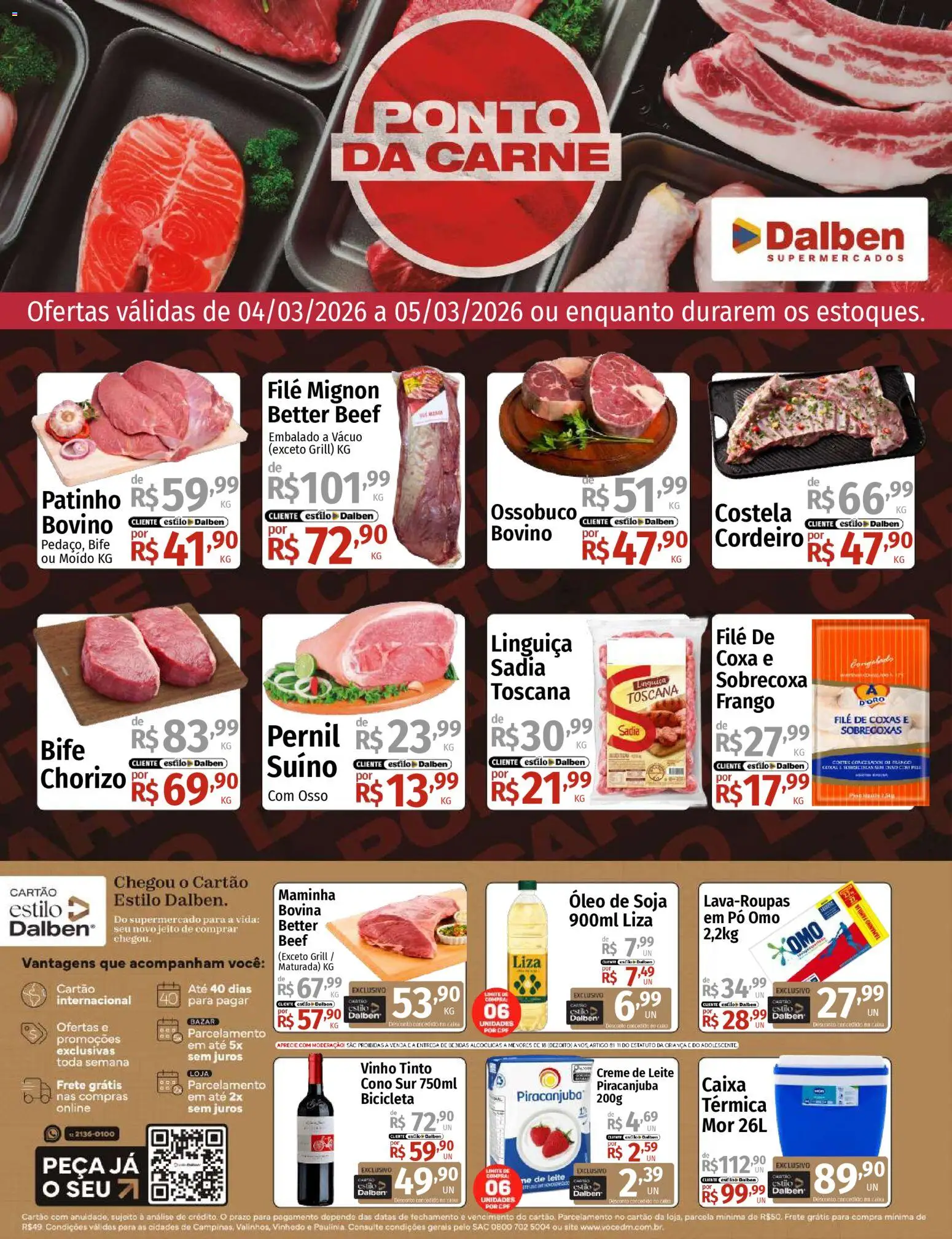Supermercado Dalben Folheto - válido de 04.03.2026 | Página: 1 | Produtos: Filé mignon, Caixa, Creme de leite, Soja