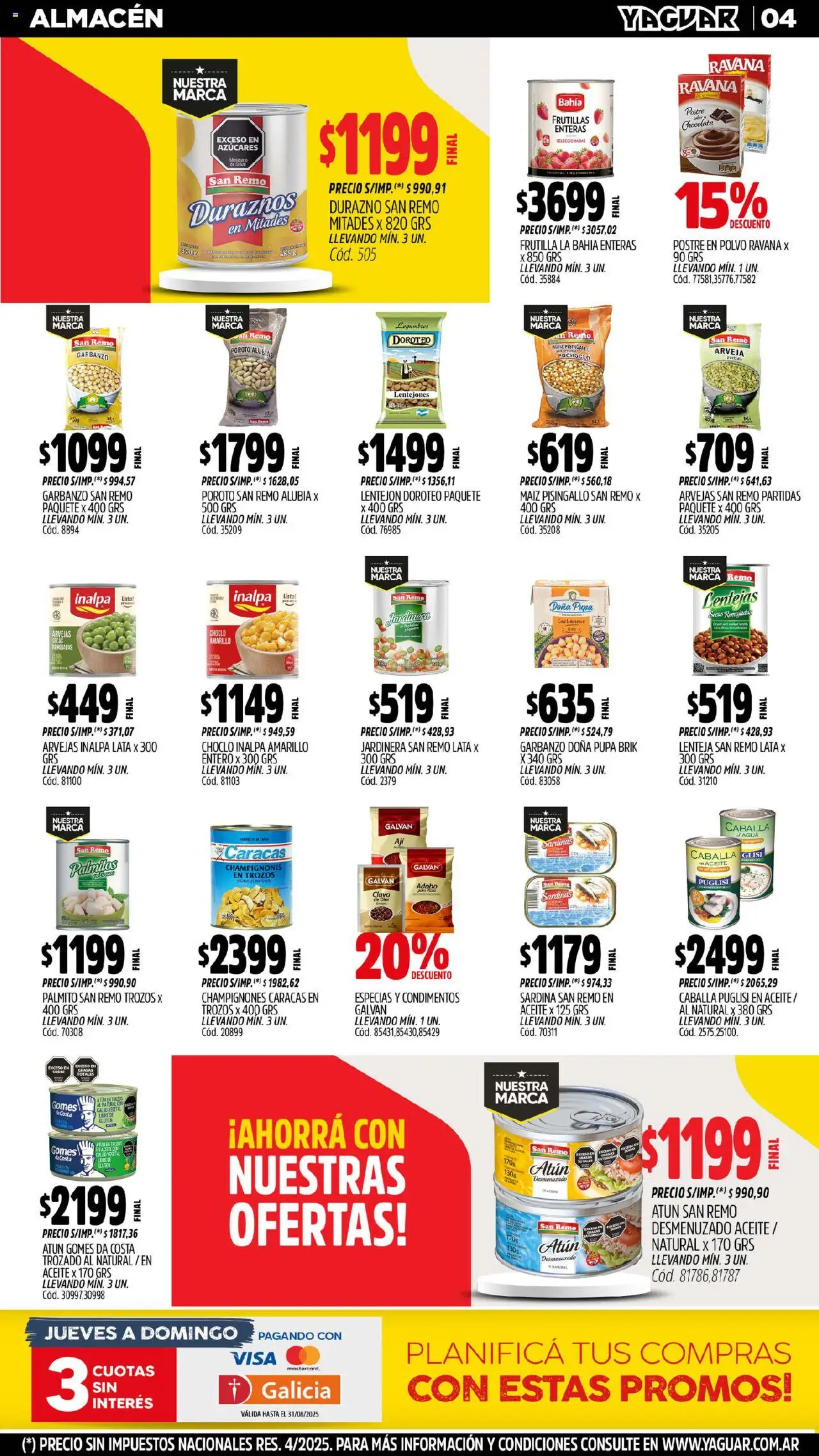 Yaguar - San Juan │ válido desde el 18.08.2025 | Página: 4 | Productos: Maiz, Garbanzos, Atún, Clavo