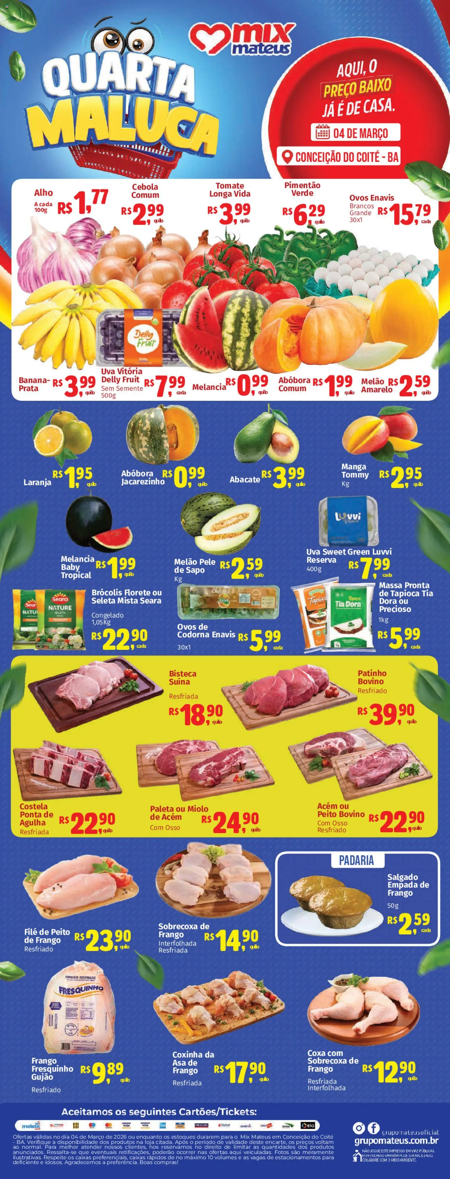 Mateus Folheto - válido de 04.03.2026 | Página: 1 | Produtos: Melancia, Tapioca, Acém, Baixo