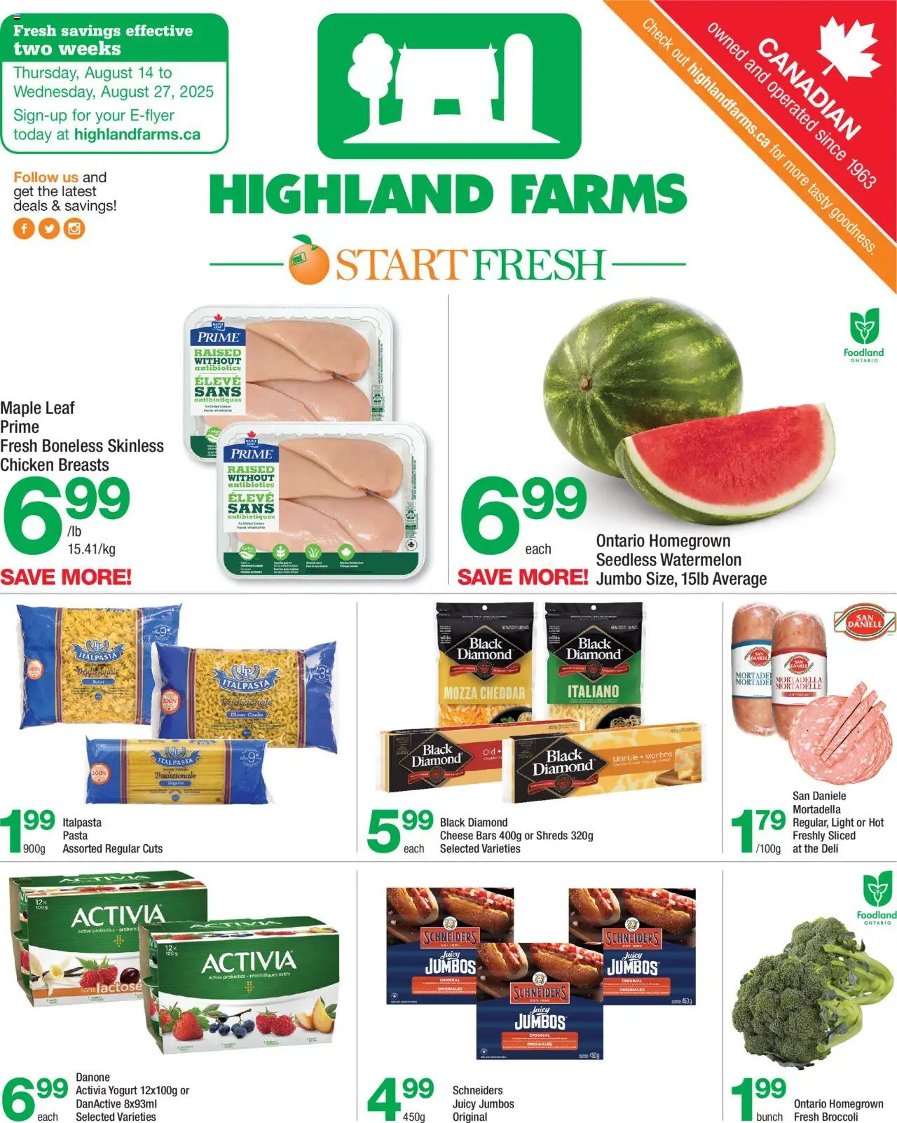 Highland Farms flyer valid from 14.08.2025 | Page: 1 | Products: Pasta, Chicken breasts, Cheese, Chicken