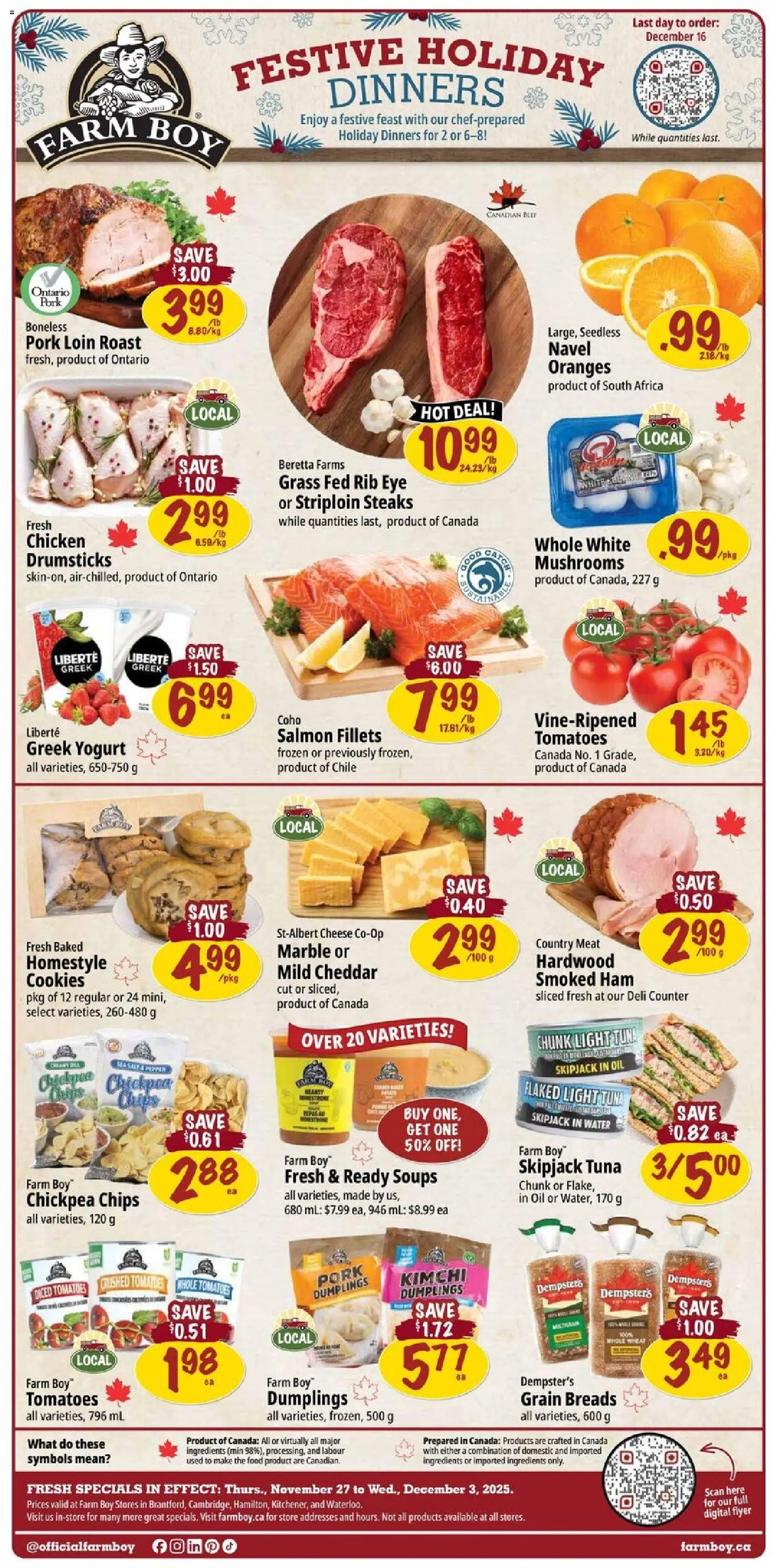 Farm Boy flyer valid from 27.11.2025 | Page: 1 | Products: Chips, Oil, Oranges, Tomatoes
