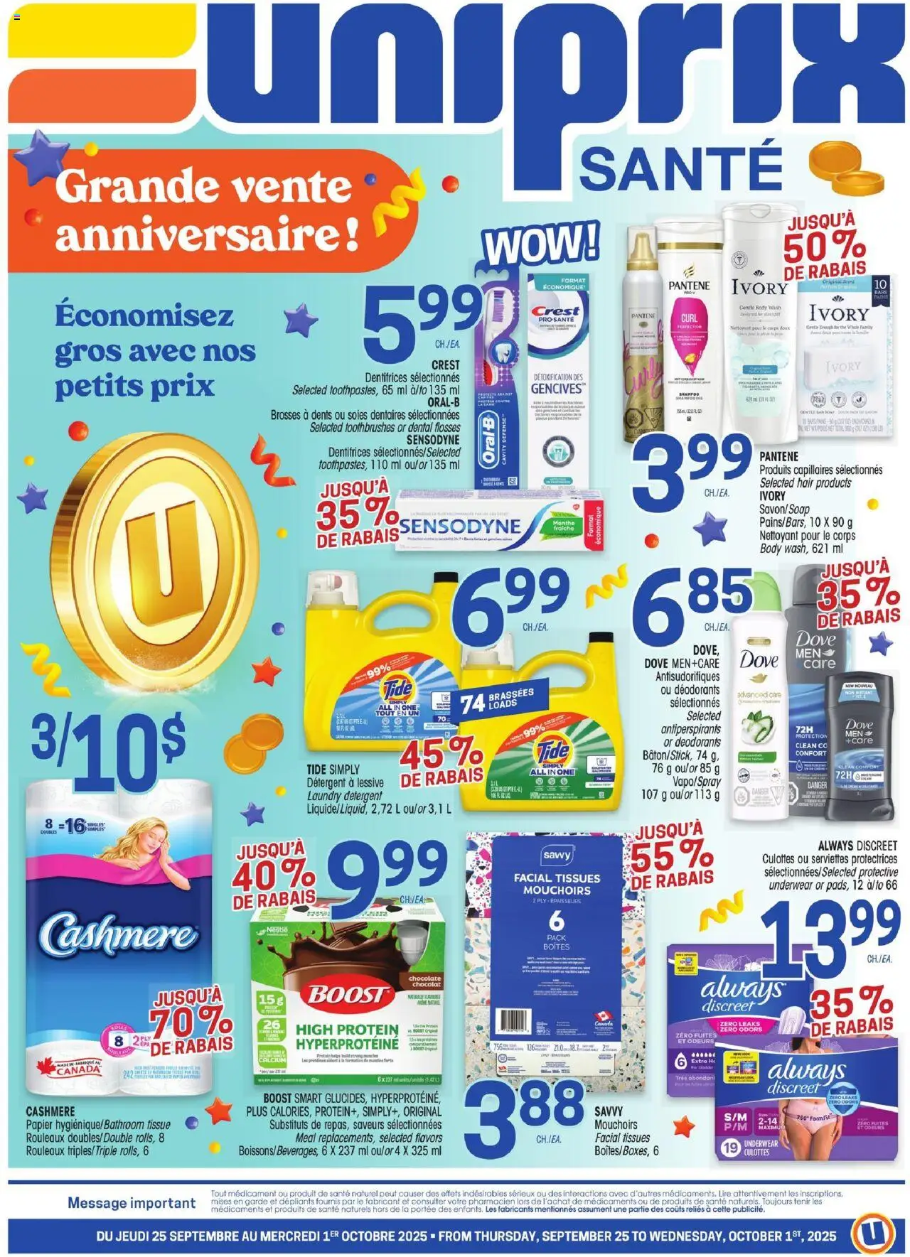 Uniprix flyer valid from 25.09.2025 | Page: 1 | Products: Soap, Detergent, Chocolate, Underwear