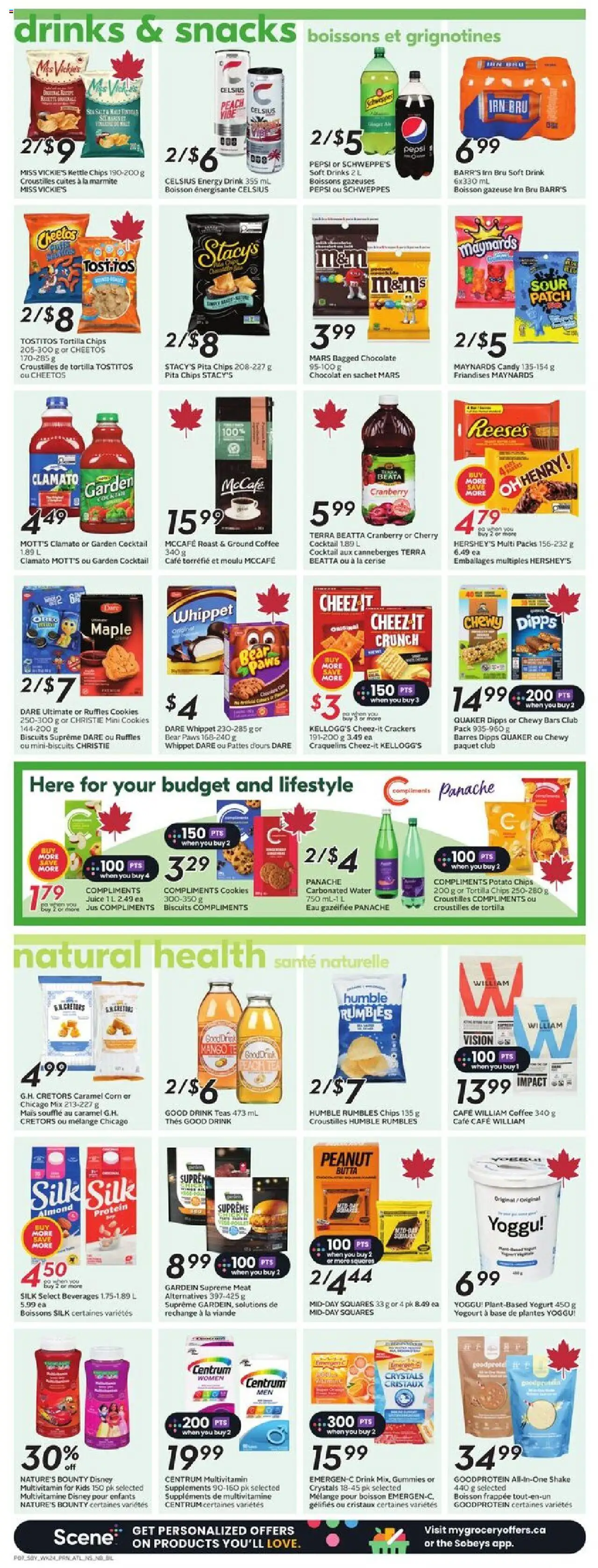 Sobeys flyer valid from 09.10.2025 | Page: 10 | Products: Chips, Kettle, Yogurt, Juice