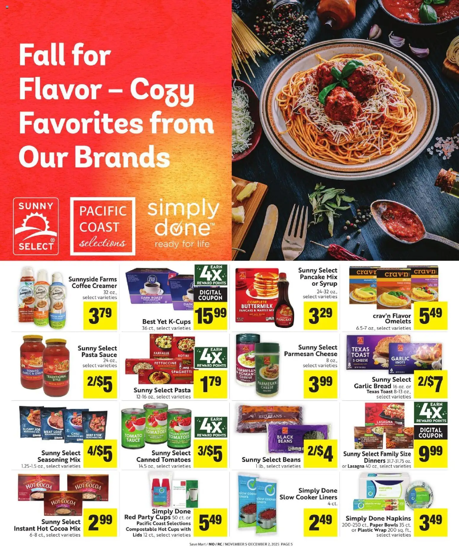 Save Mart More Deals Across the Store - valid from 05.11.2025 | Page: 5 | Products: Bread, Tomatoes, Pasta, Onion