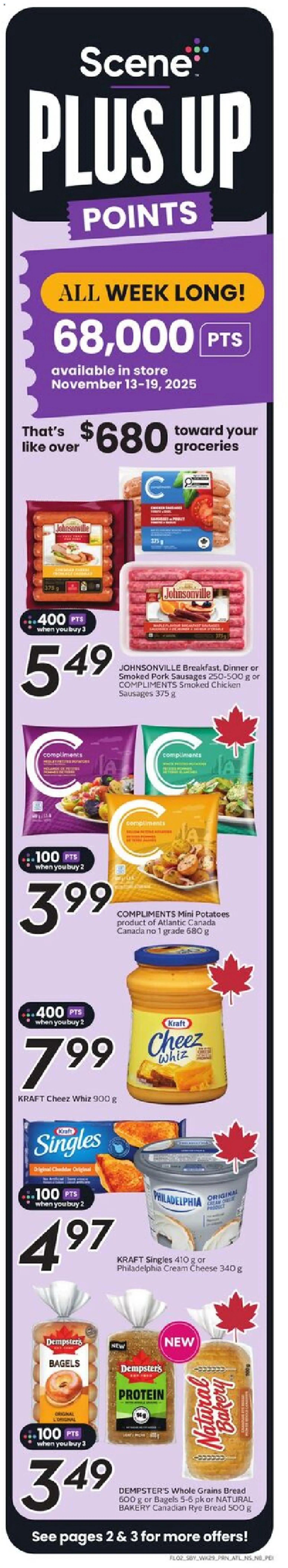 Sobeys flyer valid from 13.11.2025 | Page: 3 | Products: Cream, Cheese, Chicken, Pork