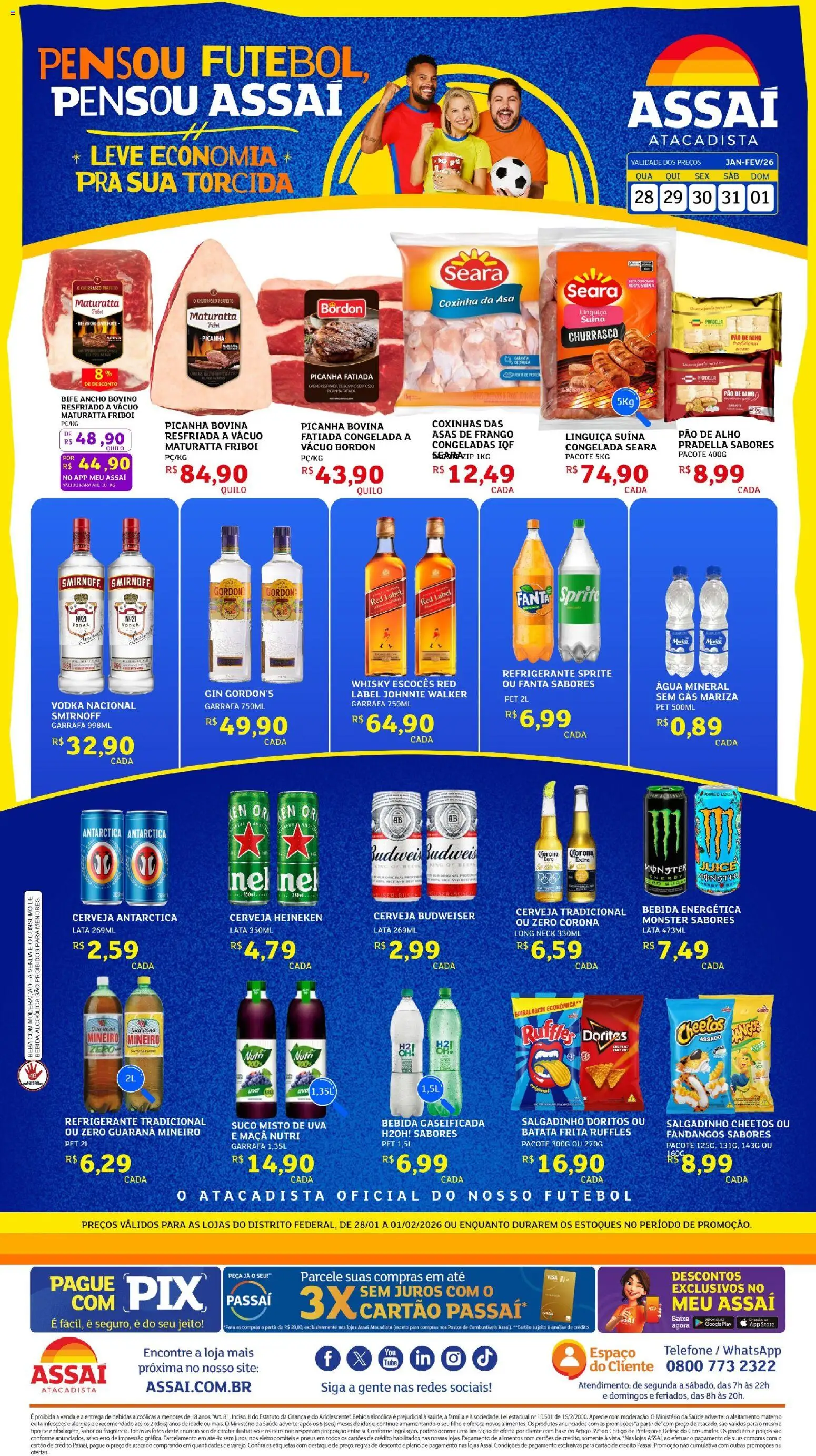 Assaí Atacadista Folheto - válido de 28.01.2026 | Página: 1 | Produtos: Whisky, Linguiça, Cerveja, Carne