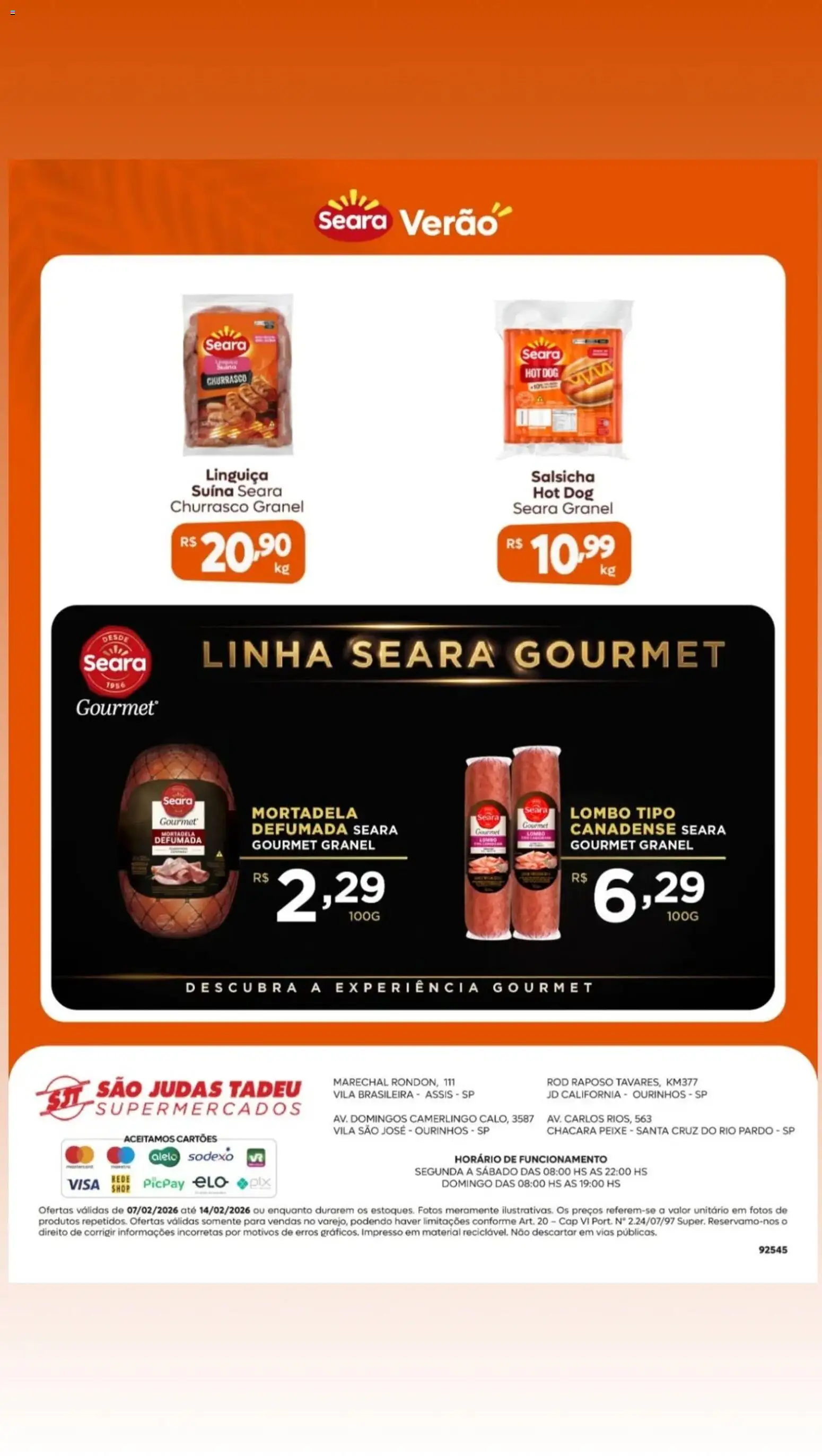 São Judas Tadeu Folheto - válido de 07.02.2026 | Página: 2 | Produtos: Salsicha, Linguiça, Mortadela, Peixe