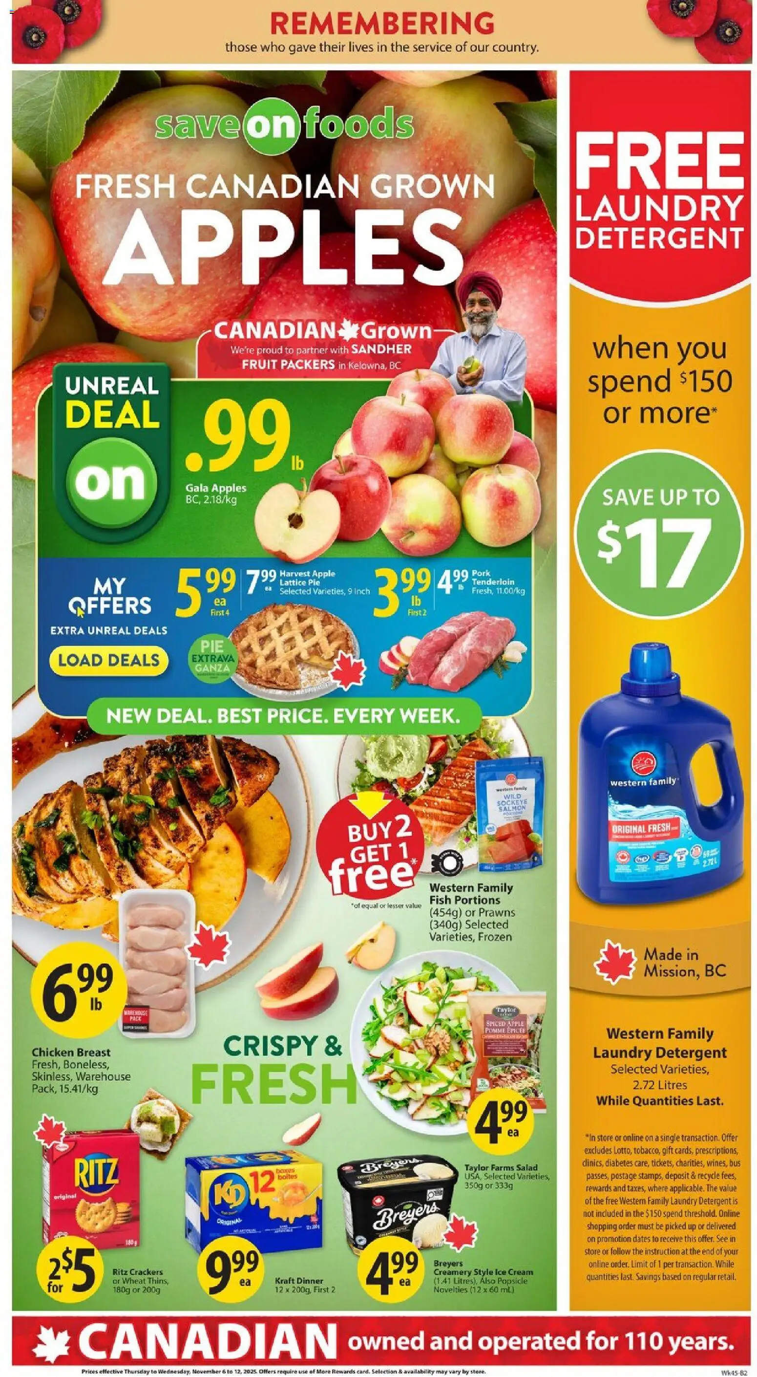 Save on foods flyer valid from 06.11.2025 | Page: 1 | Products: Cream, Detergent, Chicken, Apples