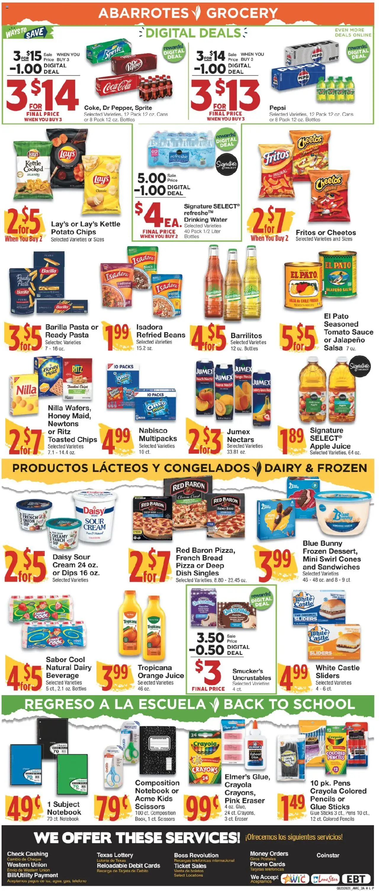 United Supermarkets Ad - valid from 19.08.2025 | Page: 2 | Products: Pizza, Pasta, Sauce, Kettle