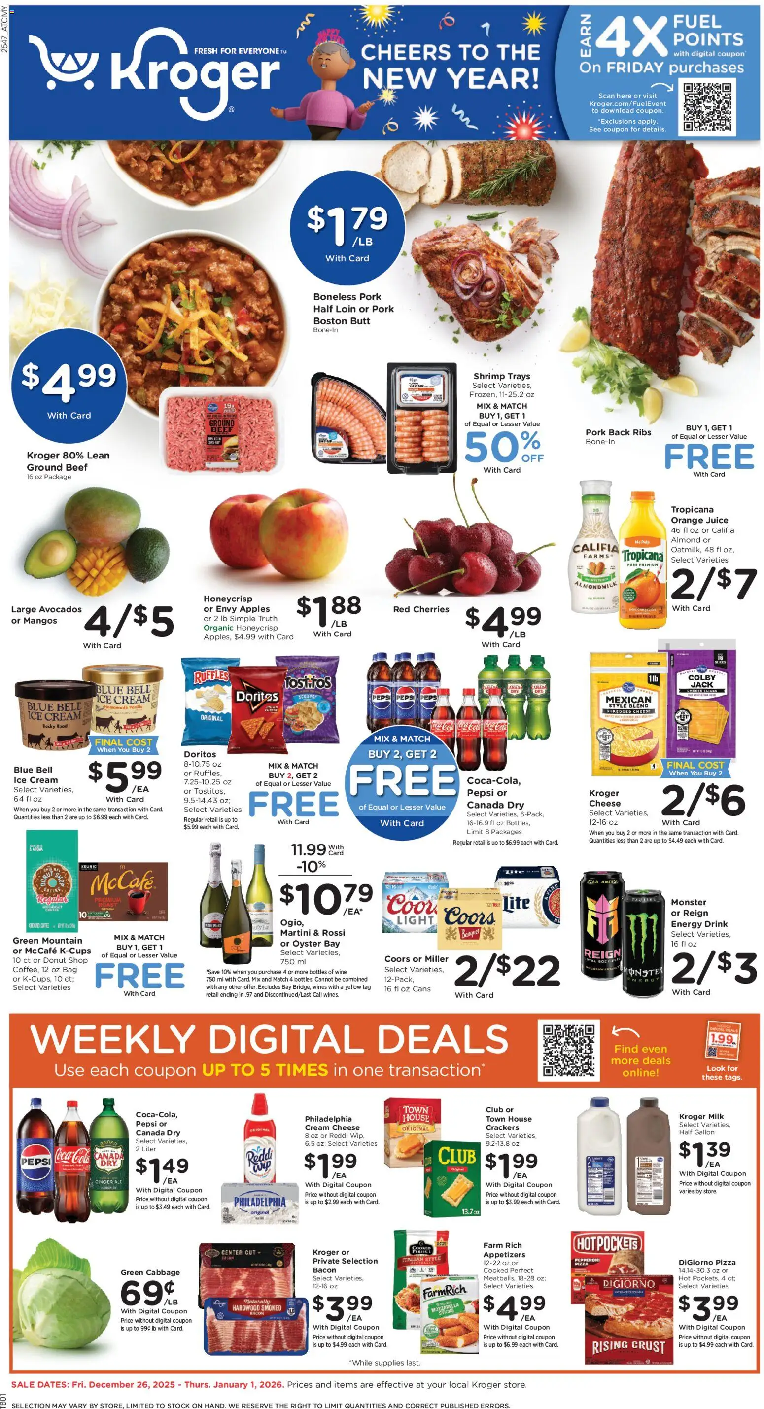 Kroger Weekly Ad - valid from 26.12.2025 | Page: 1 | Products: Ginger, Cheese, Pork, Bag