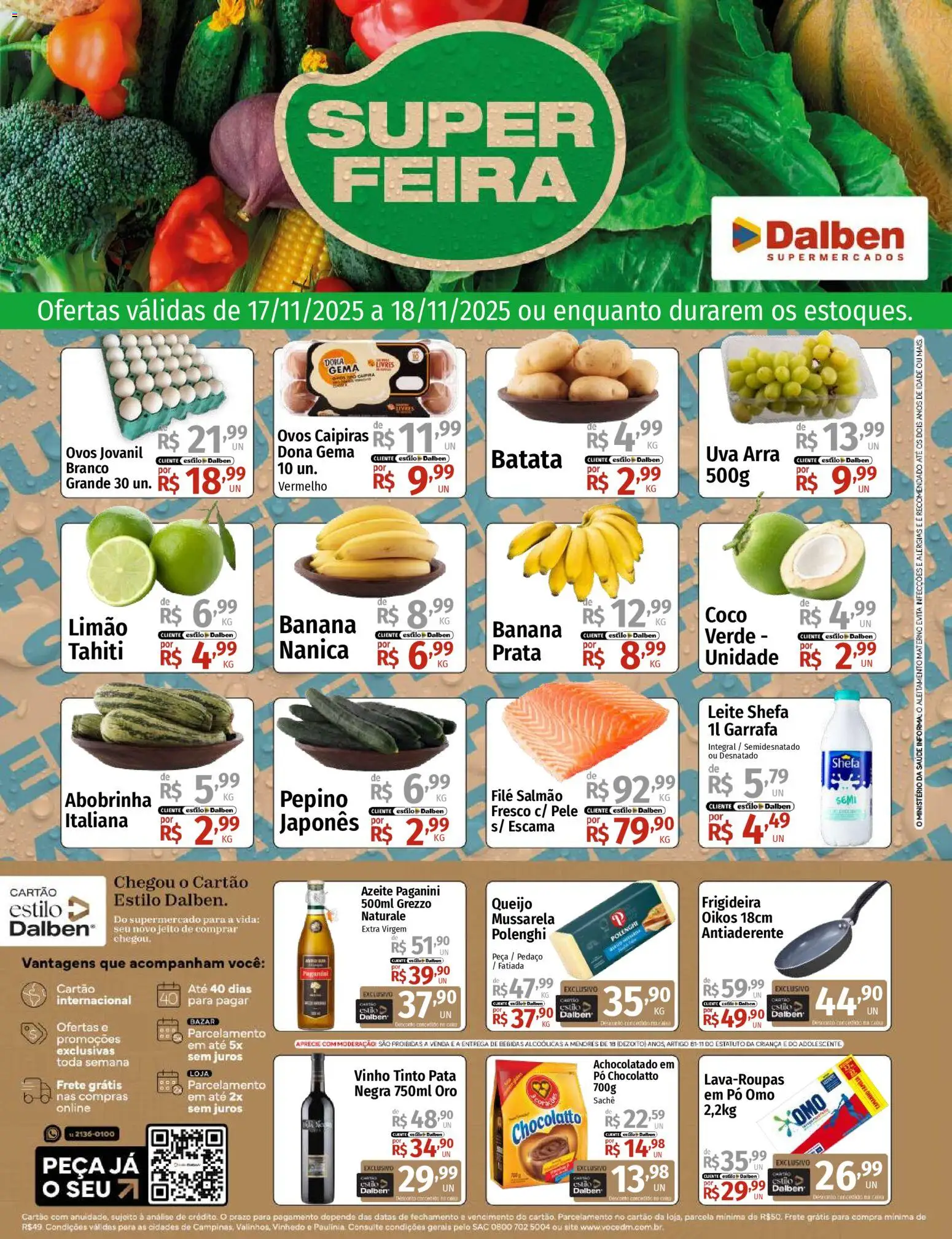 Supermercado Dalben Folheto - válido de 17.11.2025 | Página: 1 | Produtos: Abobrinha, Salmão, Achocolatado, Vinho