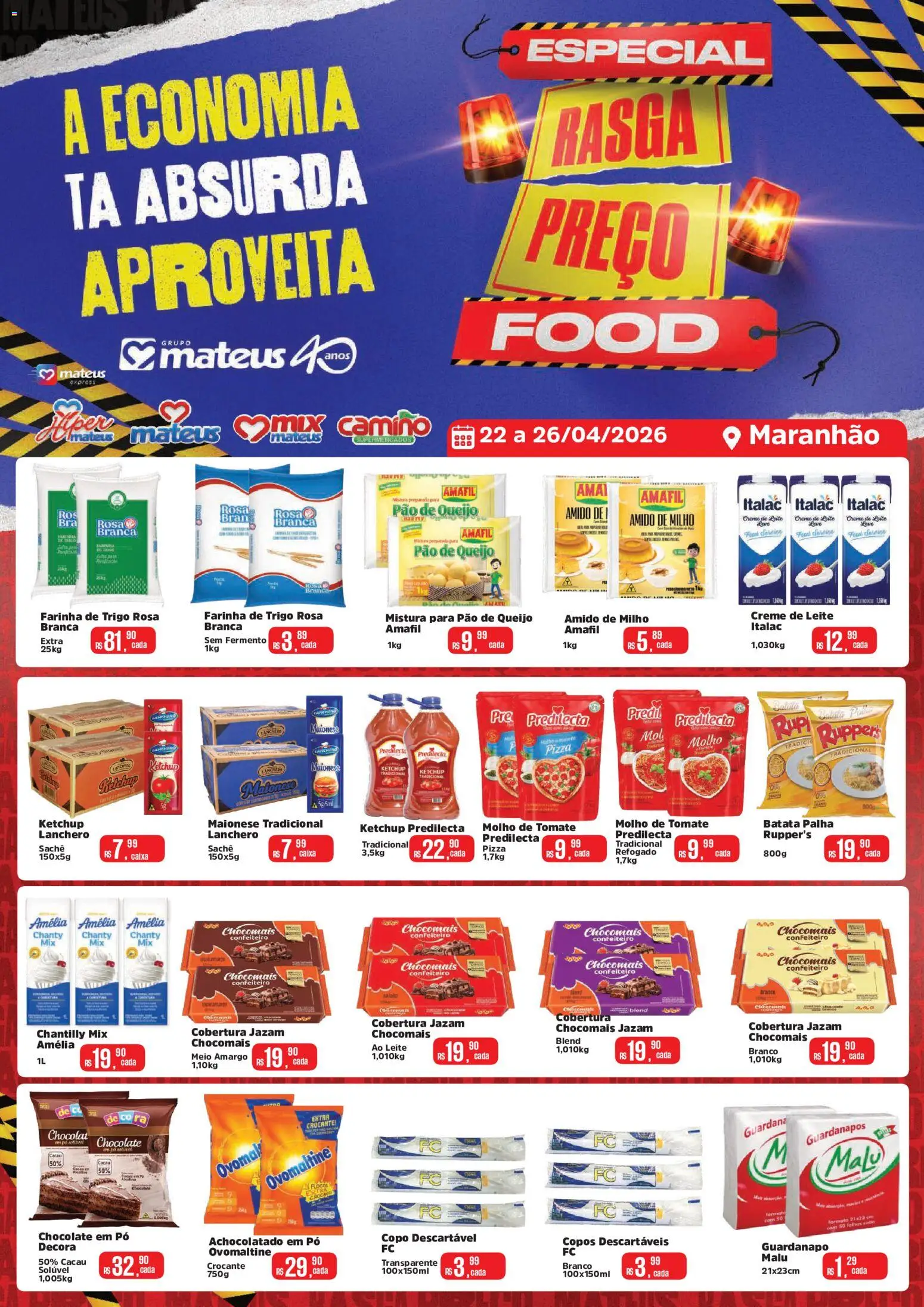 Mateus Folheto - válido de 22.04.2026 | Página: 1 | Produtos: Copos descartáveis, Pizza, Ketchup, Batata palha