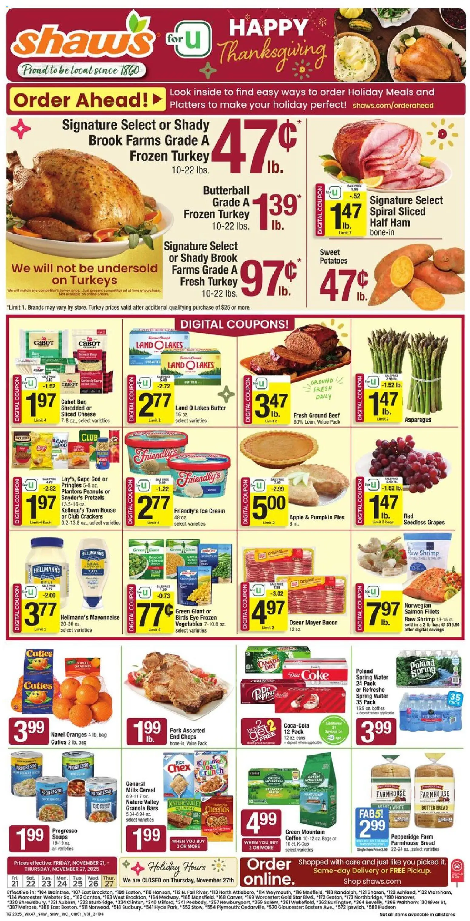 Shaw's Weekly Ad - MA - valid from 21.11.2025 | Page: 1 | Products: Cheese, Potatoes, Mayonnaise, Bag