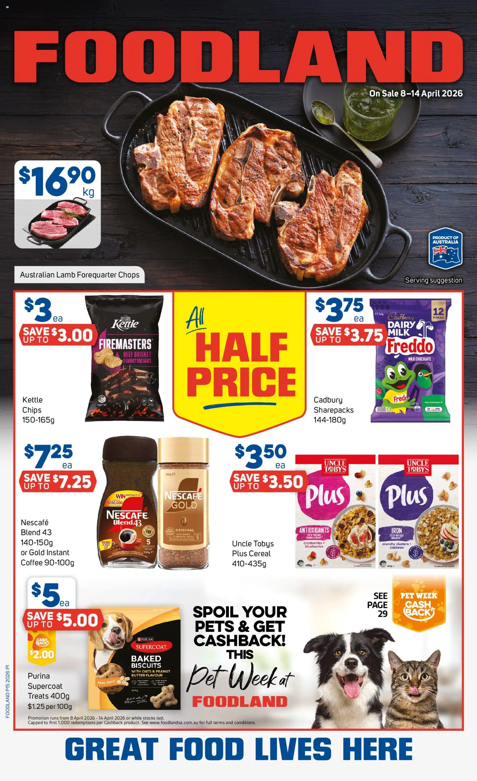 Foodland catalogue - valid from 08.04.2026 | Page: 1 | Products: BBQ Sauce, Chocolate, Nescafe, Iron
