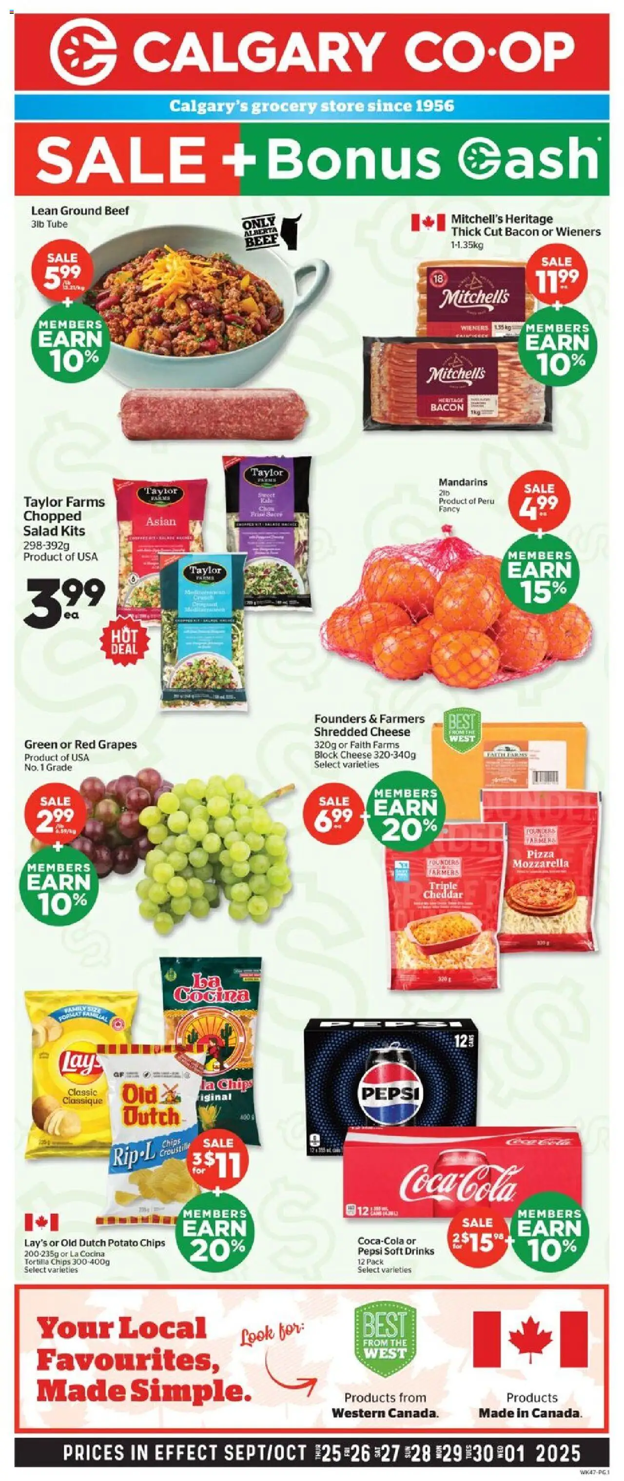 Calgary Co-op flyer valid from 25.09.2025 | Page: 1 | Products: Beef, Chips, Salad, Pizza