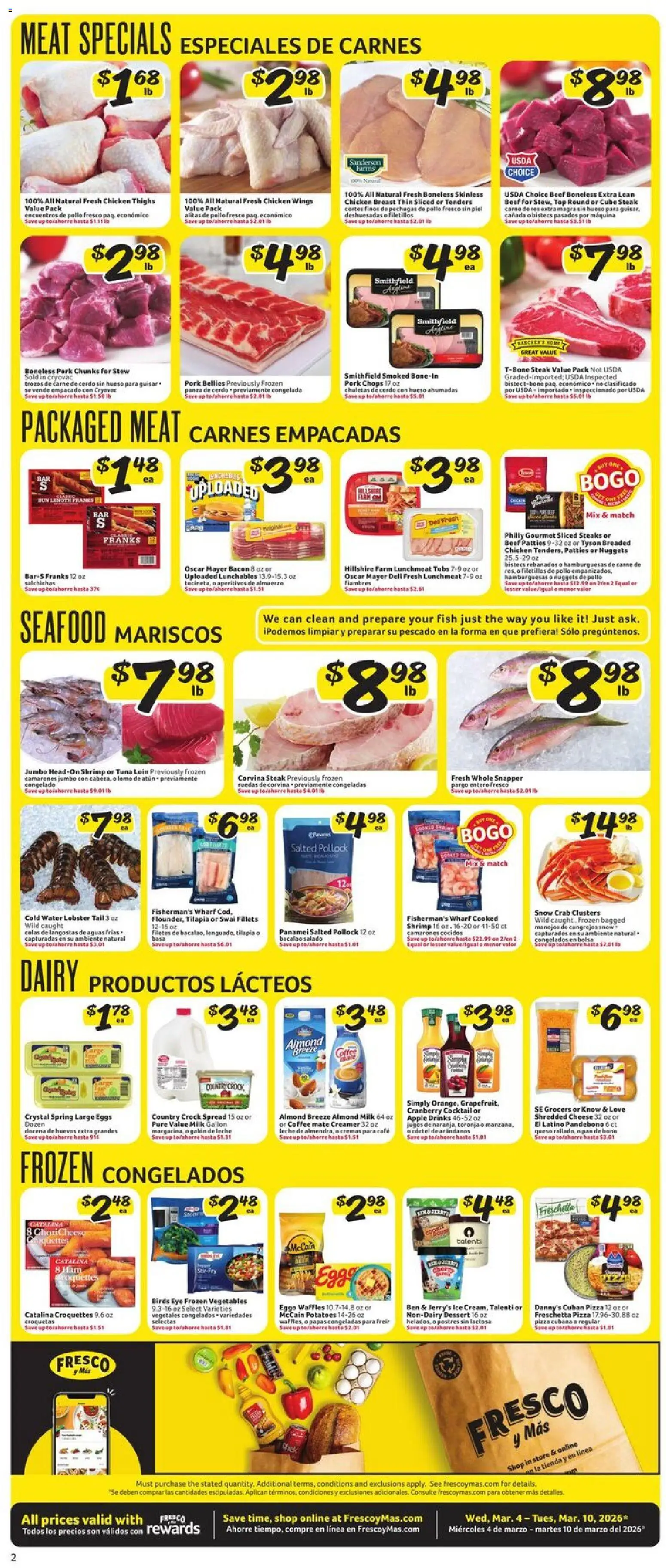 Fresco y Más Weekly Ad - valid from 04.03.2026 | Page: 2 | Products: Ham, Pizza, Water, Vegetables