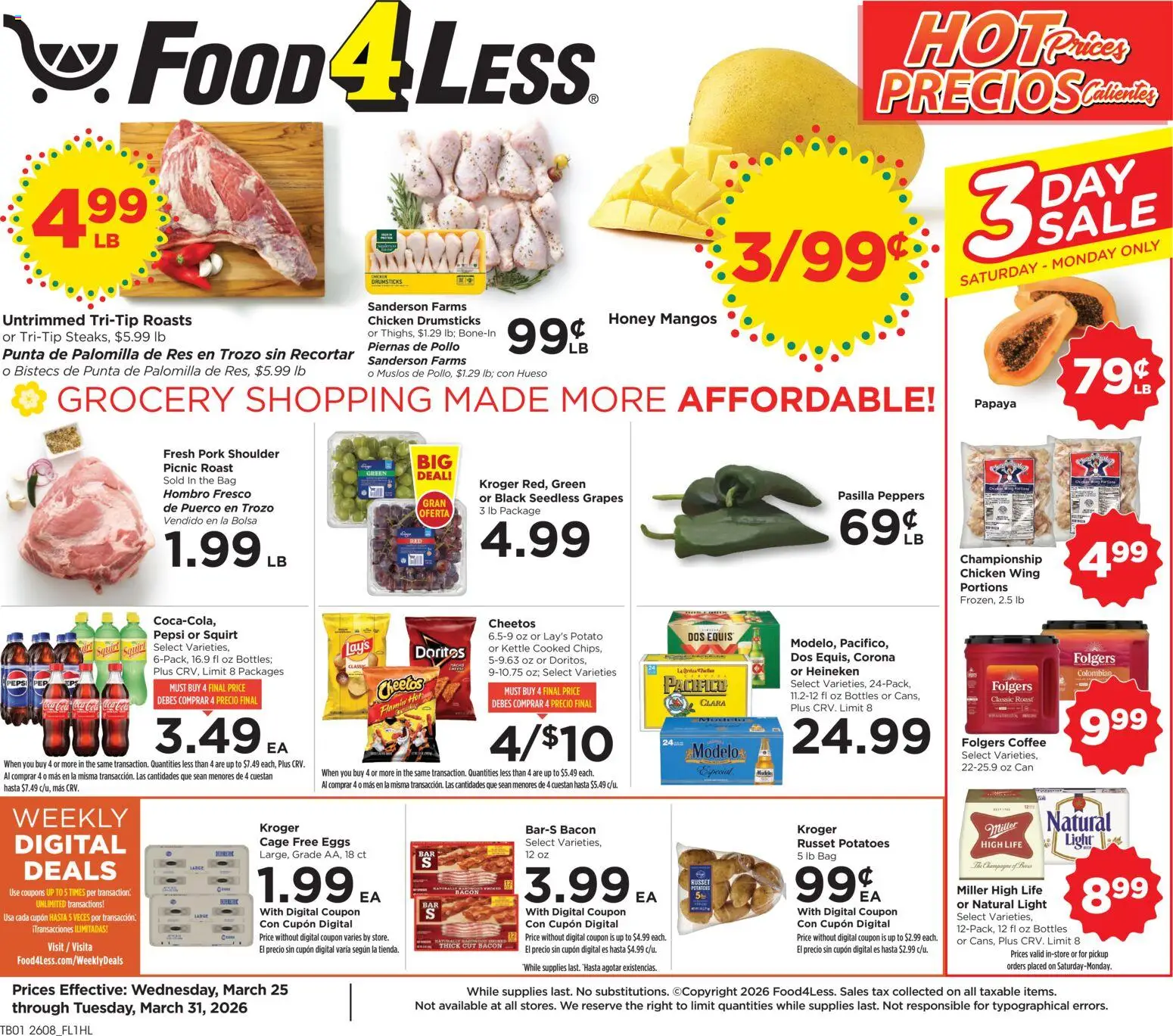 Food 4 Less Weekly Ad - valid from 25.03.2026 | Page: 1 | Products: Eggs, Coffee, Potatoes, Kettle