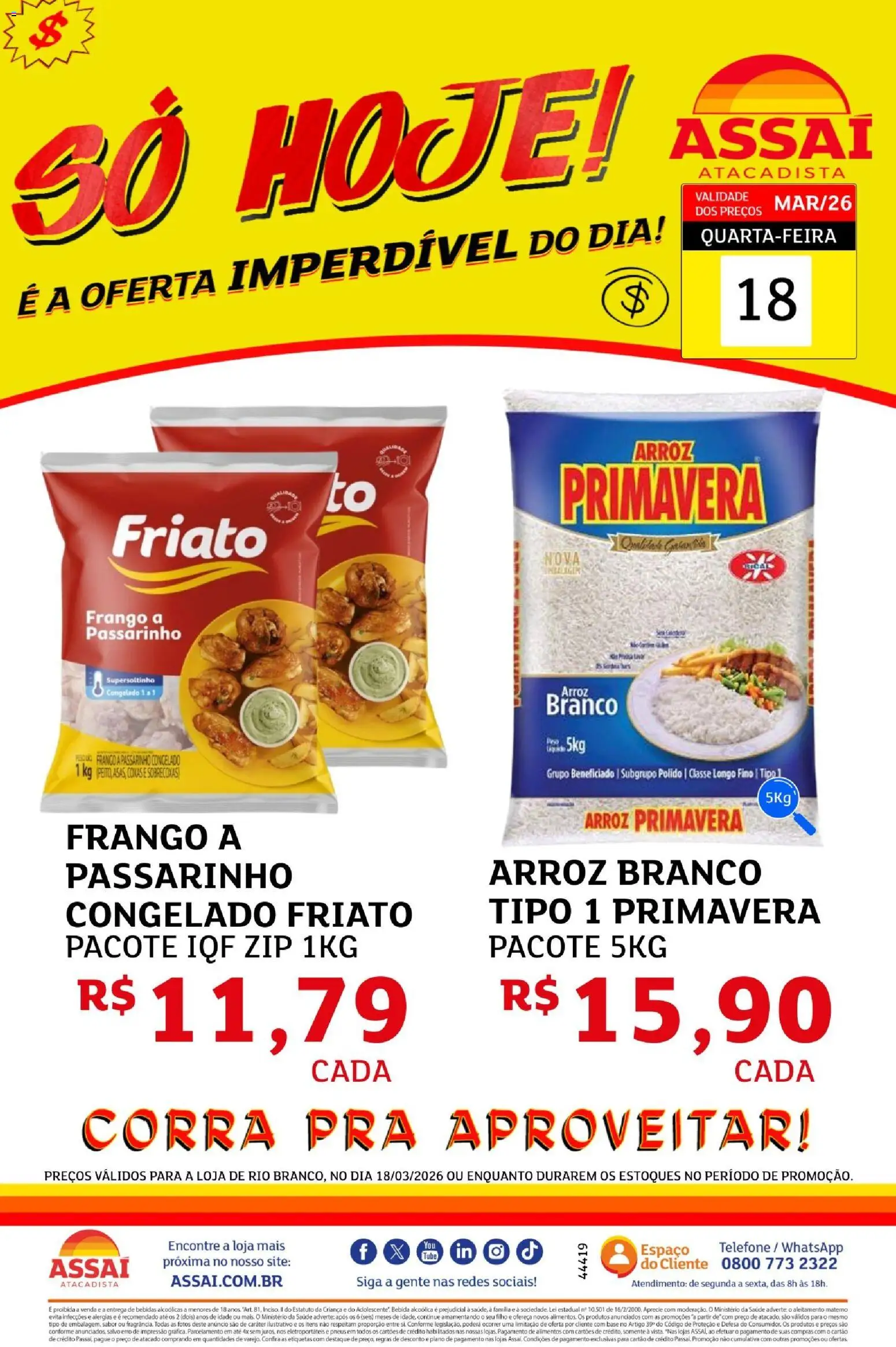 Assaí Atacadista Folheto - válido de 18.03.2026 | Página: 1 | Produtos: Pneus, Friato, Arroz, Base