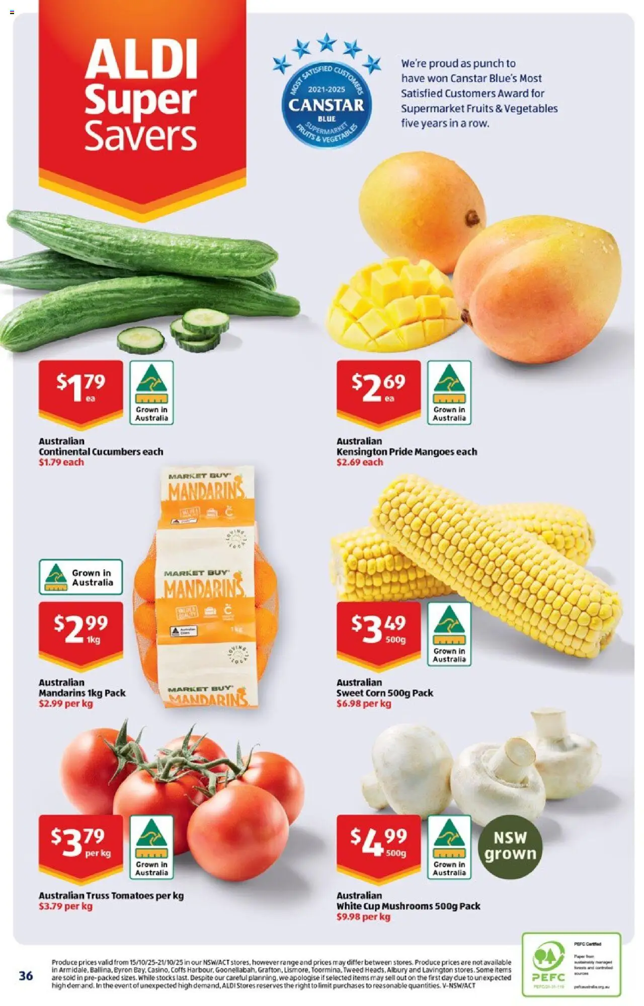 Aldi catalogue - valid from 22.10.2025 | Page: 36 | Products: Tomatoes, Mushrooms, Cucumbers, Fruits