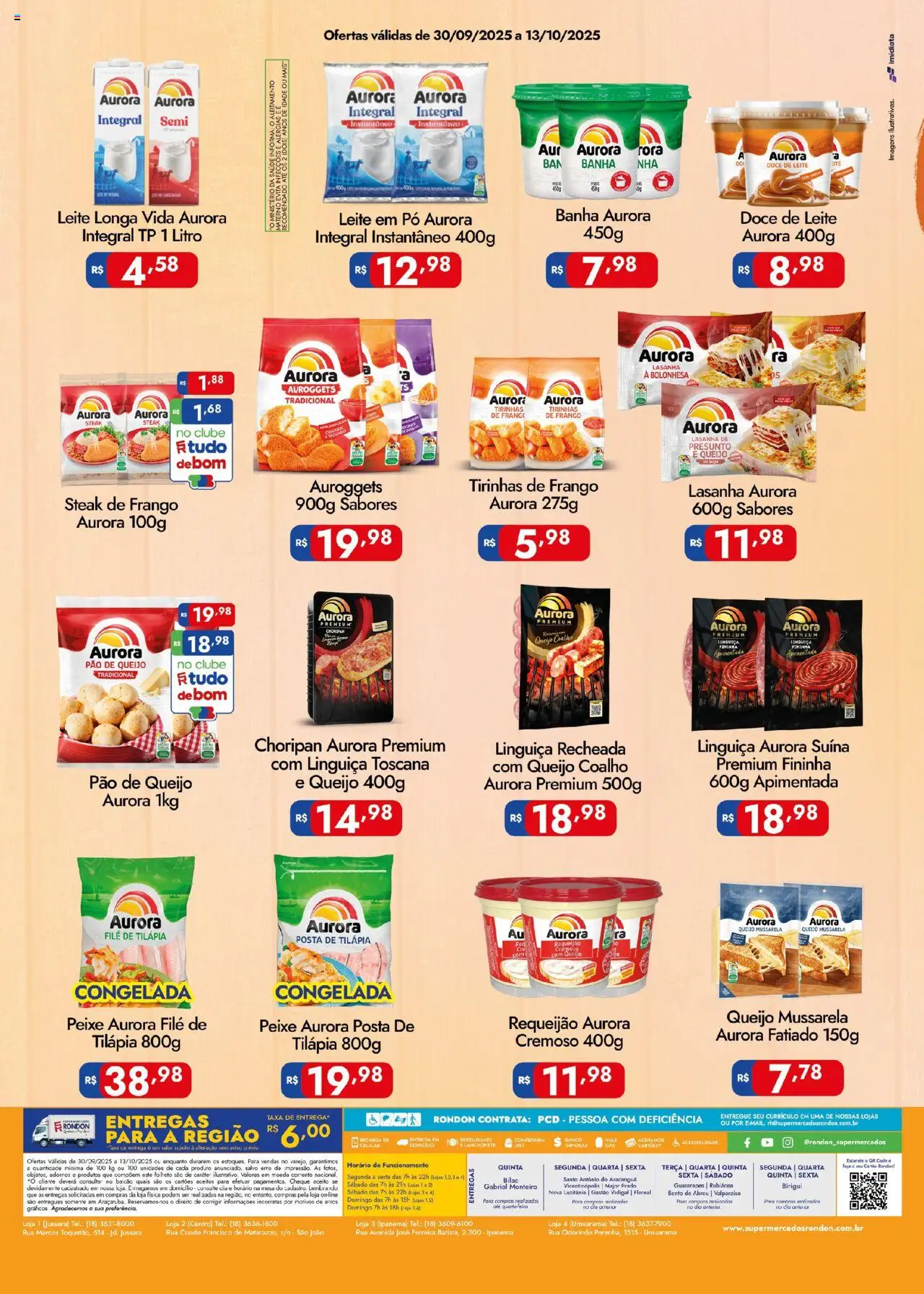 Supermercados Rondon Folheto - válido de 30.09.2025 | Página: 2 | Produtos: Leite integral, Linguiça, Tilápia, Doce de leite