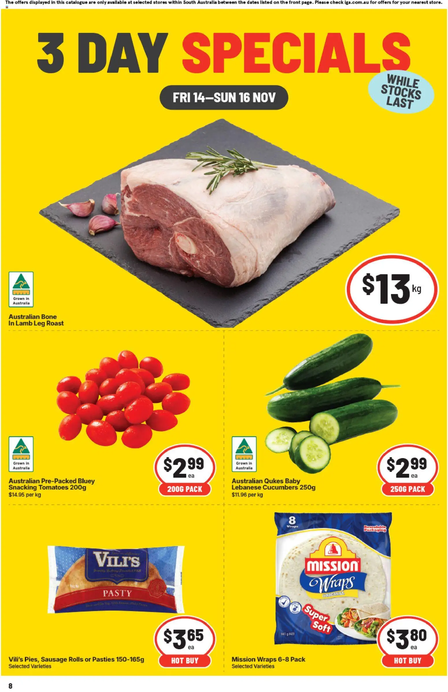 IGA catalogue - valid from 14.11.2025 | Page: 1 | Products: Lamb, Tomatoes, Cucumbers, Sausage