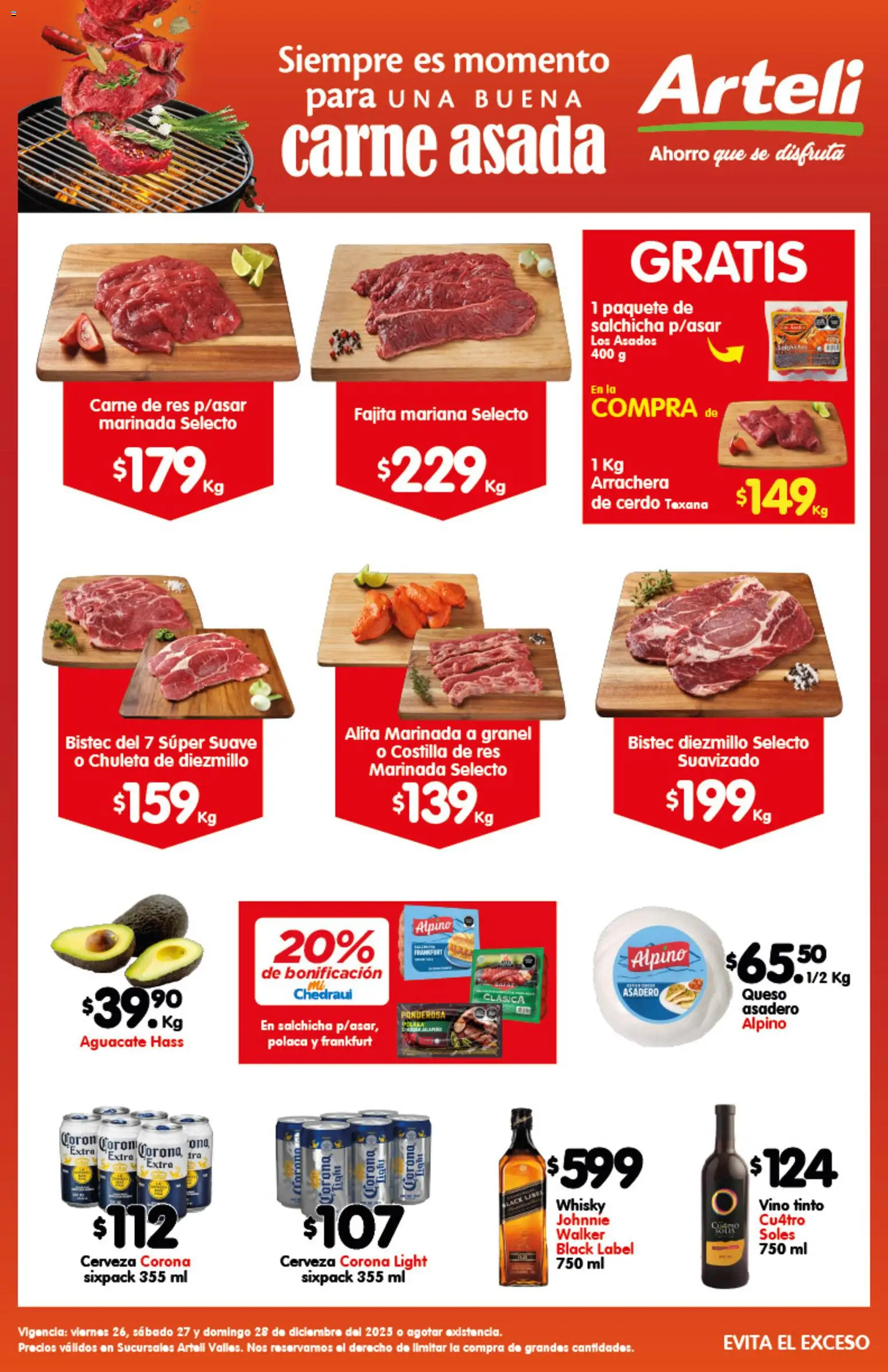 Nuevas ofertas de Arteli válidas en toda la República Mexicana desde el 26.12.2025. ¡Encuentra las mejores ofertas en Arteli folleto Carnes Suc. Valles! | Página: 1 | Productos: Queso, Cerdo, Res, Whisky