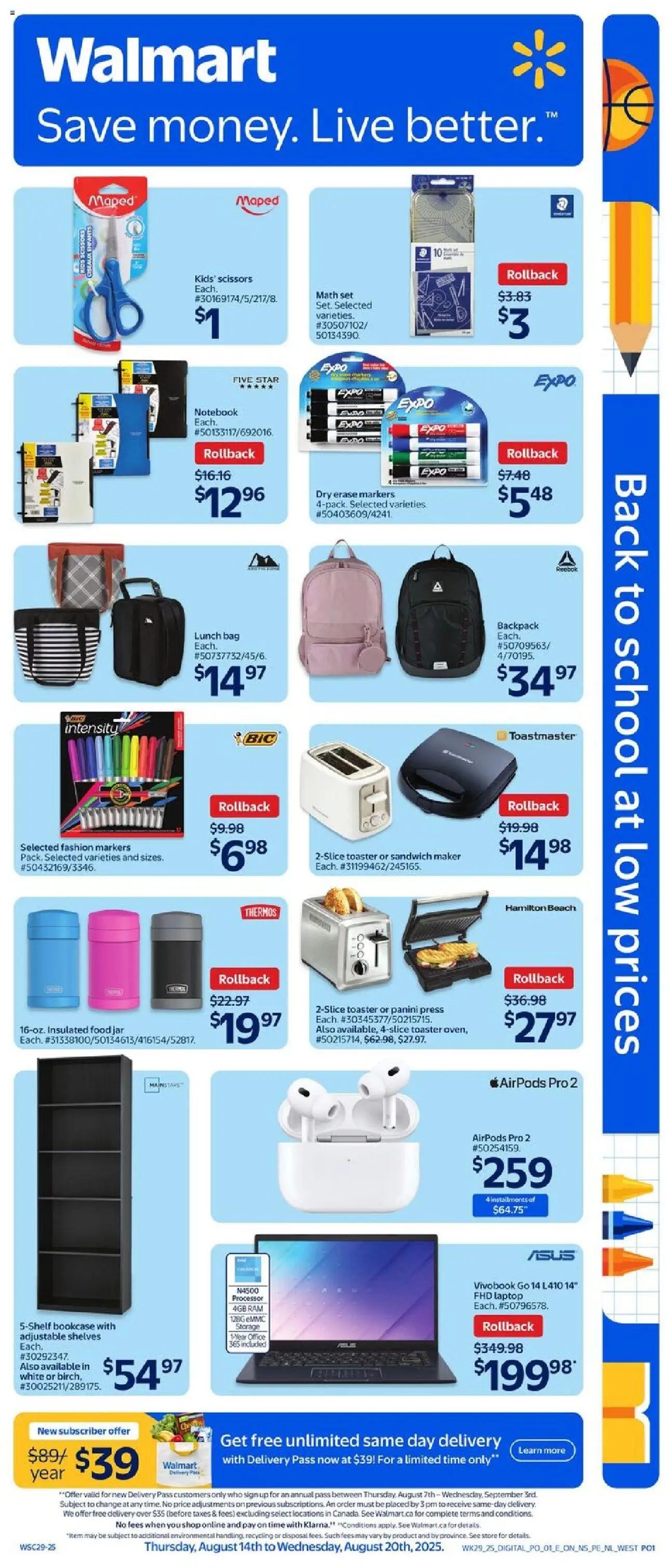 Walmart flyer valid from 14.08.2025 | Page: 10 | Products: Backpack, Notebook, Bag, Toaster