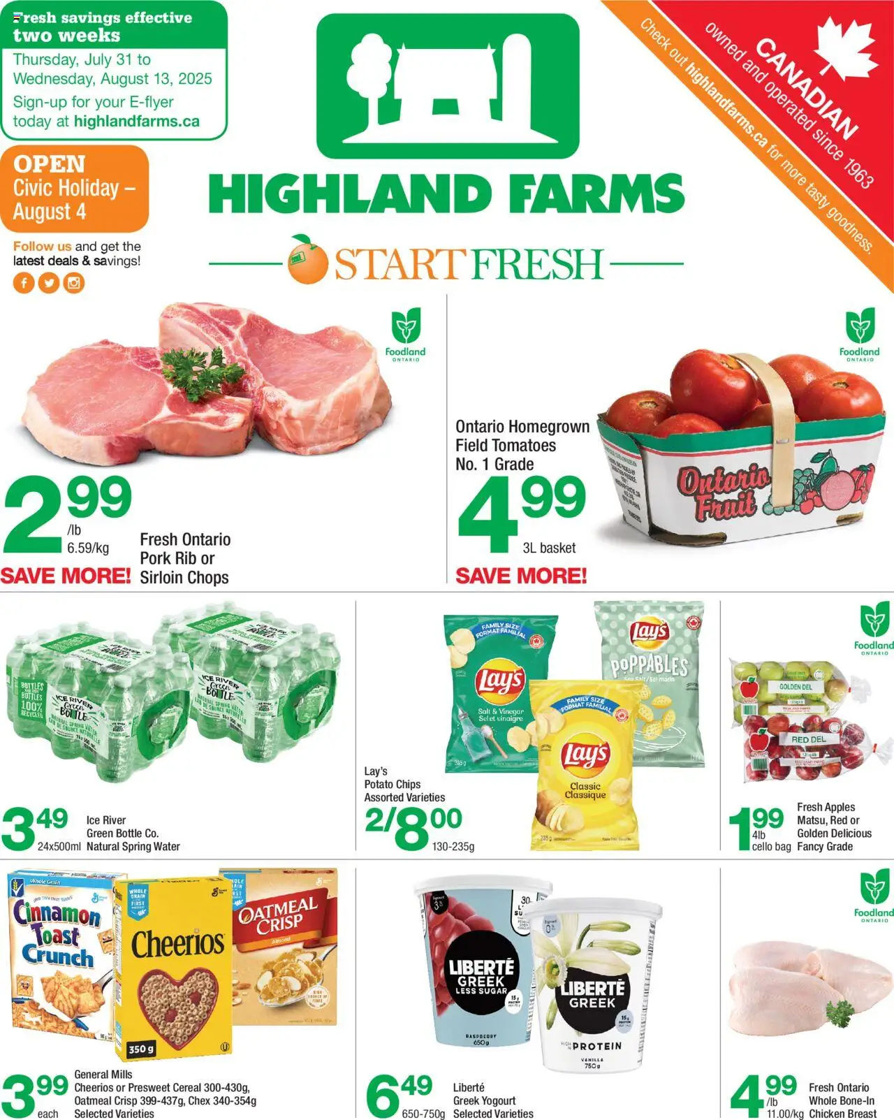 Highland Farms flyer valid from 31.07.2025 | Page: 1 | Products: Chips, Pork, Apples, Tomatoes