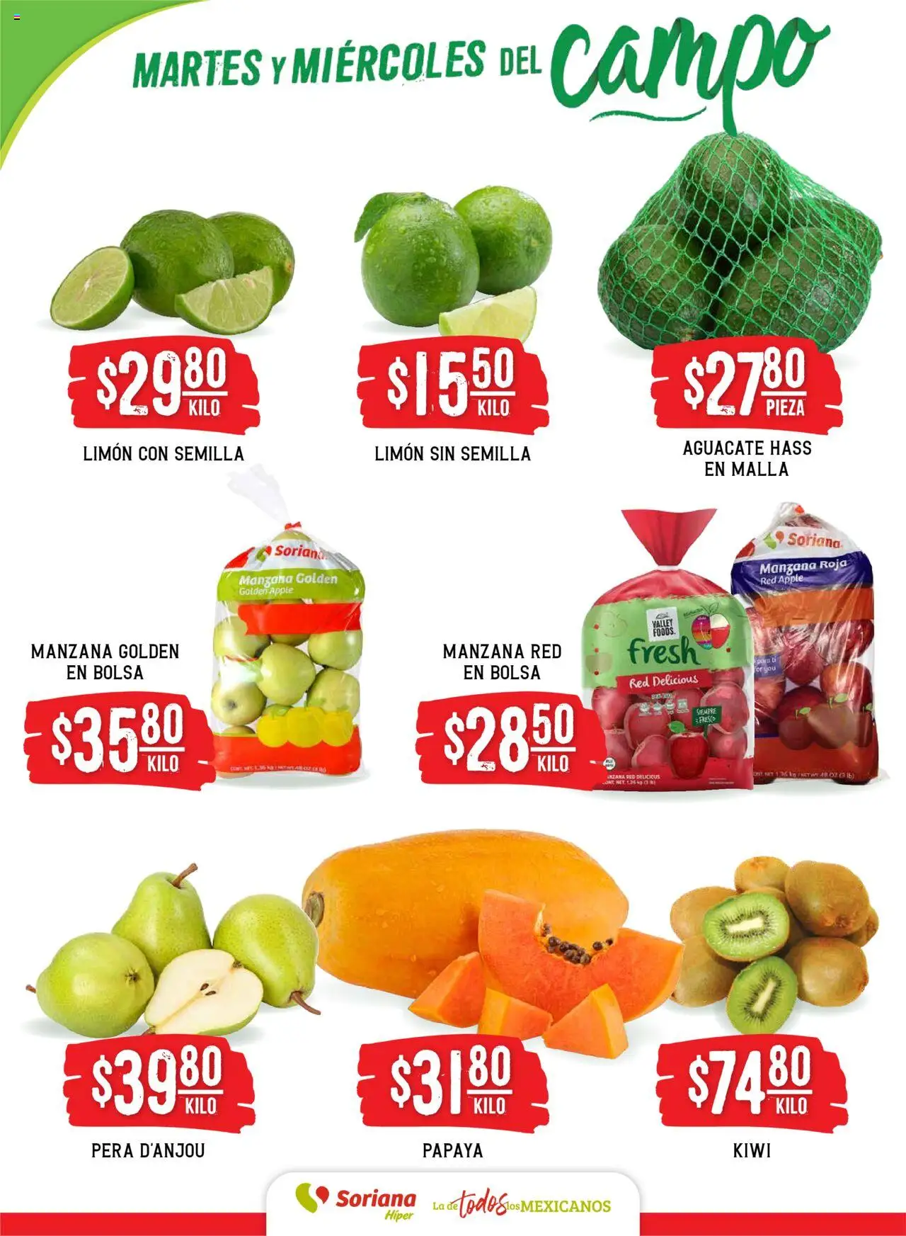 Nuevas ofertas de Soriana válidas en toda la República Mexicana desde el 23.09.2025. ¡Encuentra las mejores ofertas en Soriana - Martes y Miércoles del Campo Híper: Ver, Tab, Chis, Camp, Yuc y Q. Roo! | Página: 2 | Productos: Pera, Manzana, Limón, Aguacate