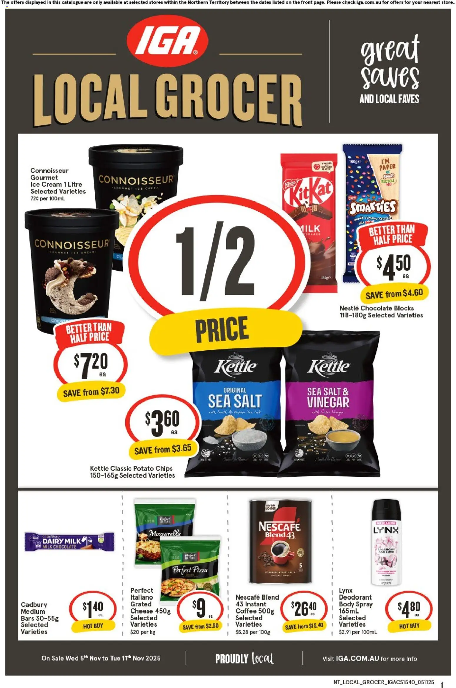 IGA catalogue - valid from 05.11.2025 | Page: 1 | Products: Dairy, Chips, Ice cream, Nescafe