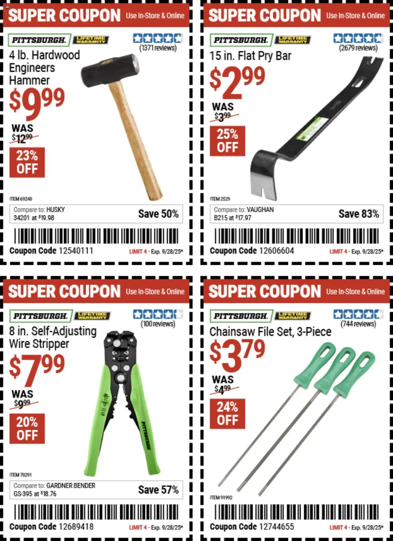 Harbor Freight Weekly Ad - valid from 15.09.2025 | Page: 10 | Products: Pry Bar, Wire, Chainsaw, Hammer