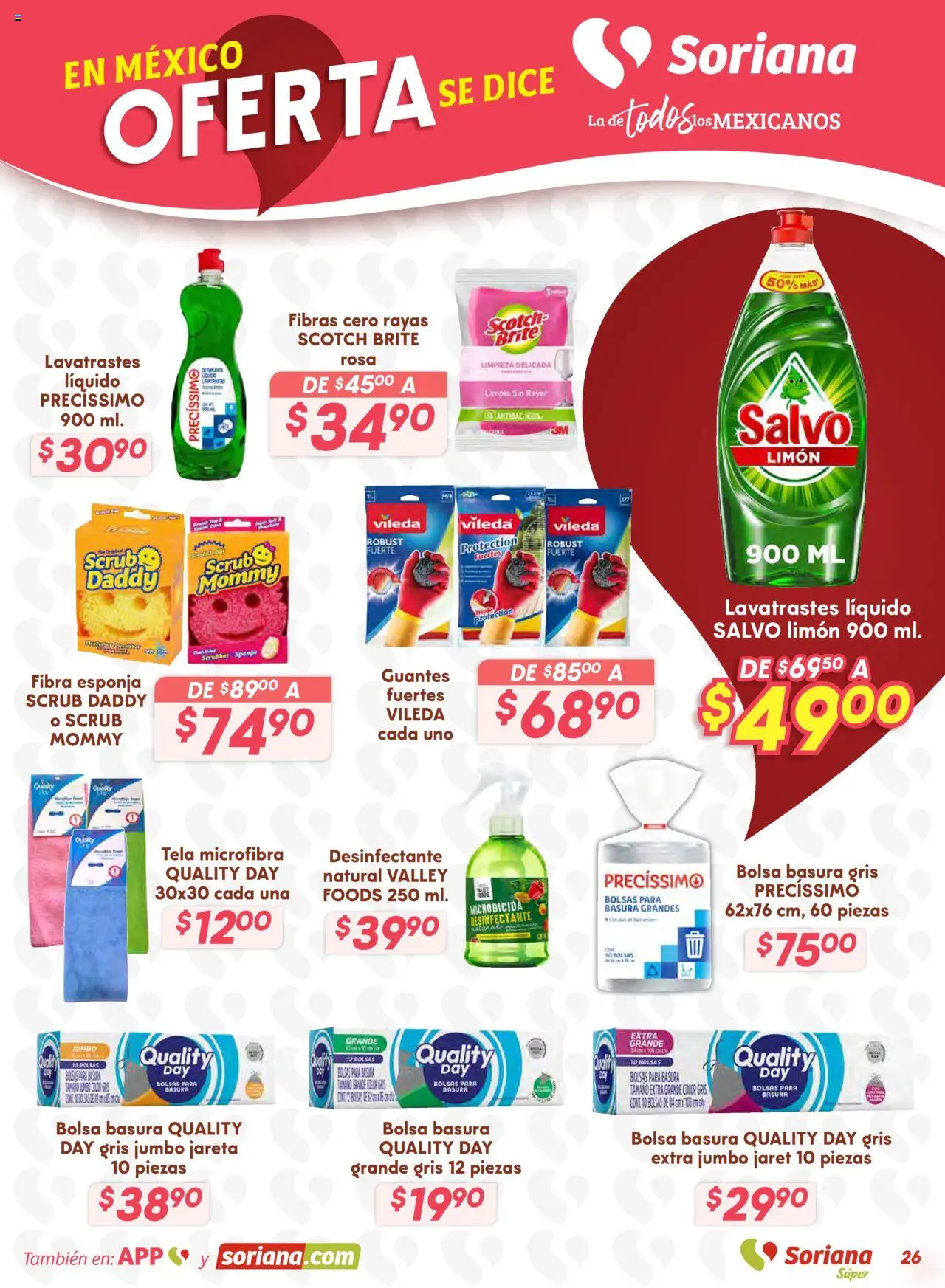 Nuevas ofertas de Soriana válidas en toda la República Mexicana desde el 25.09.2025. ¡Encuentra las mejores ofertas en Soriana - Preciazazaso Súper: Valle de México! | Página: 26 | Productos: Guantes, Esponja, Limón, Desinfectante