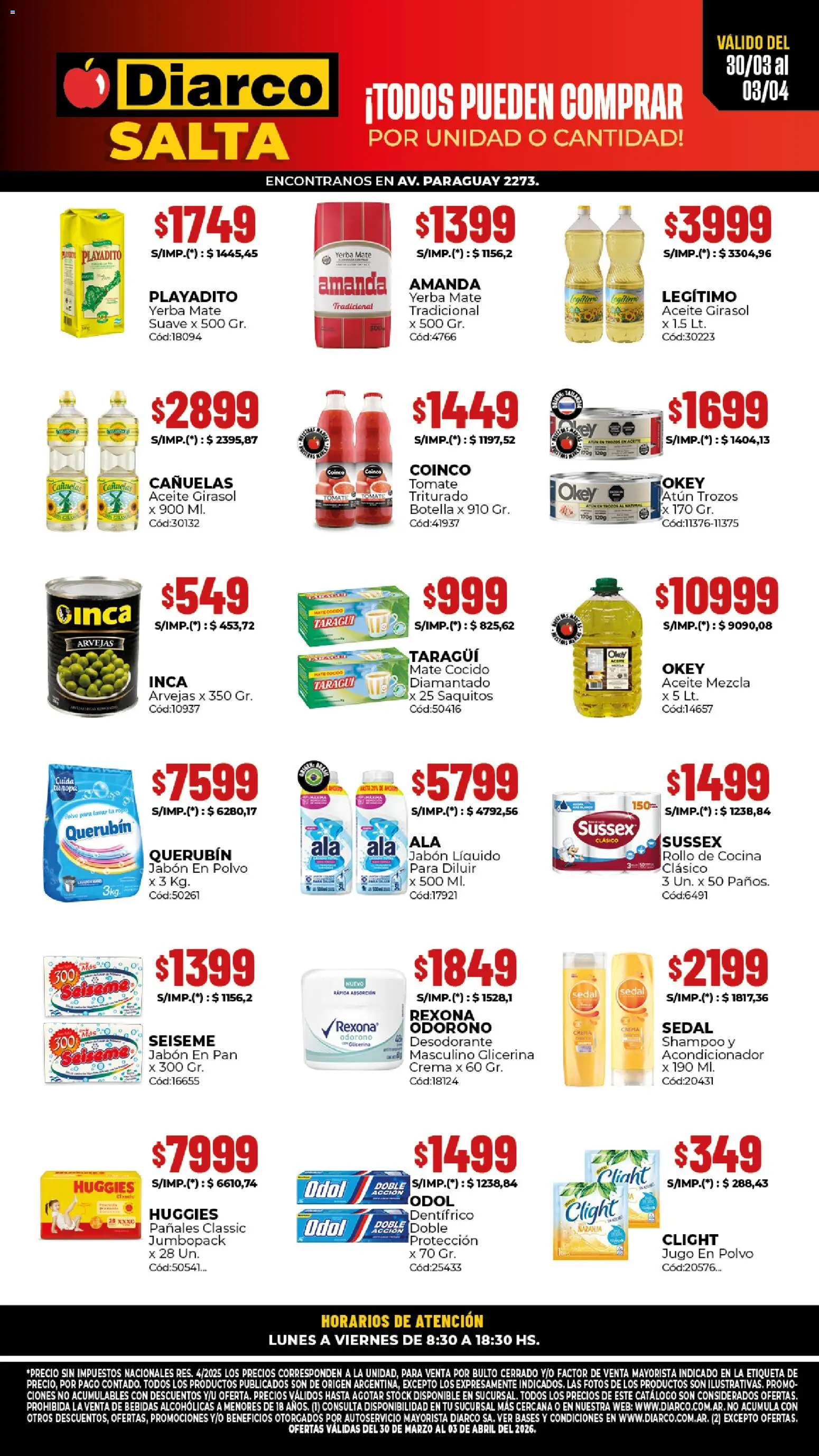 Diarco - Ofertas Salta │ válido desde el 30.03.2026 | Página: 1 | Productos: Botella, Jabón líquido, Mate cocido, Pañales