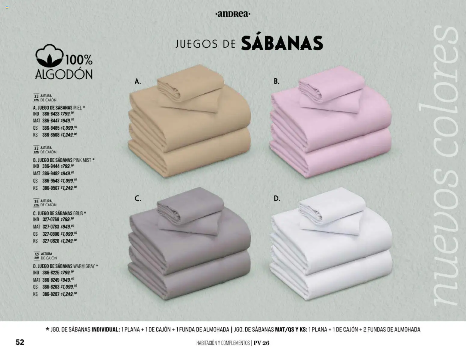 Nuevas ofertas de Andrea válidas en toda la República Mexicana desde el 25.01.2026. ¡Encuentra las mejores ofertas en Andrea catálogo Home! | Página: 52 | Productos: Juego, Algodón, Funda de almohada, Sabanas